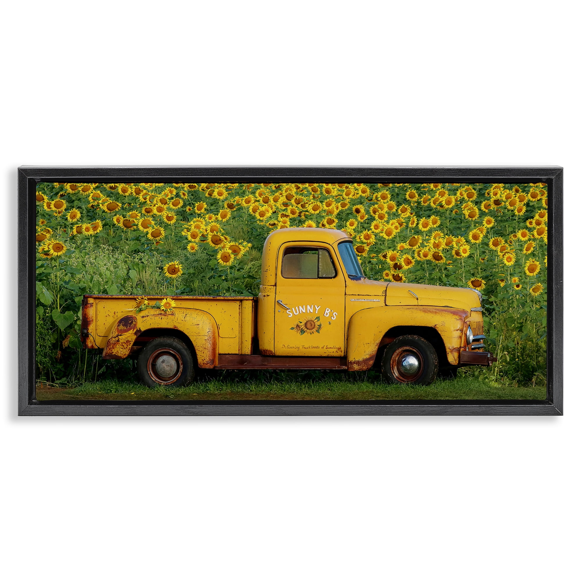Stupell Industries Yellow Pickup in Sunflower Field Transportation Photography Black Floater Framed Canvas Art Print Wall Art, 31 x 14