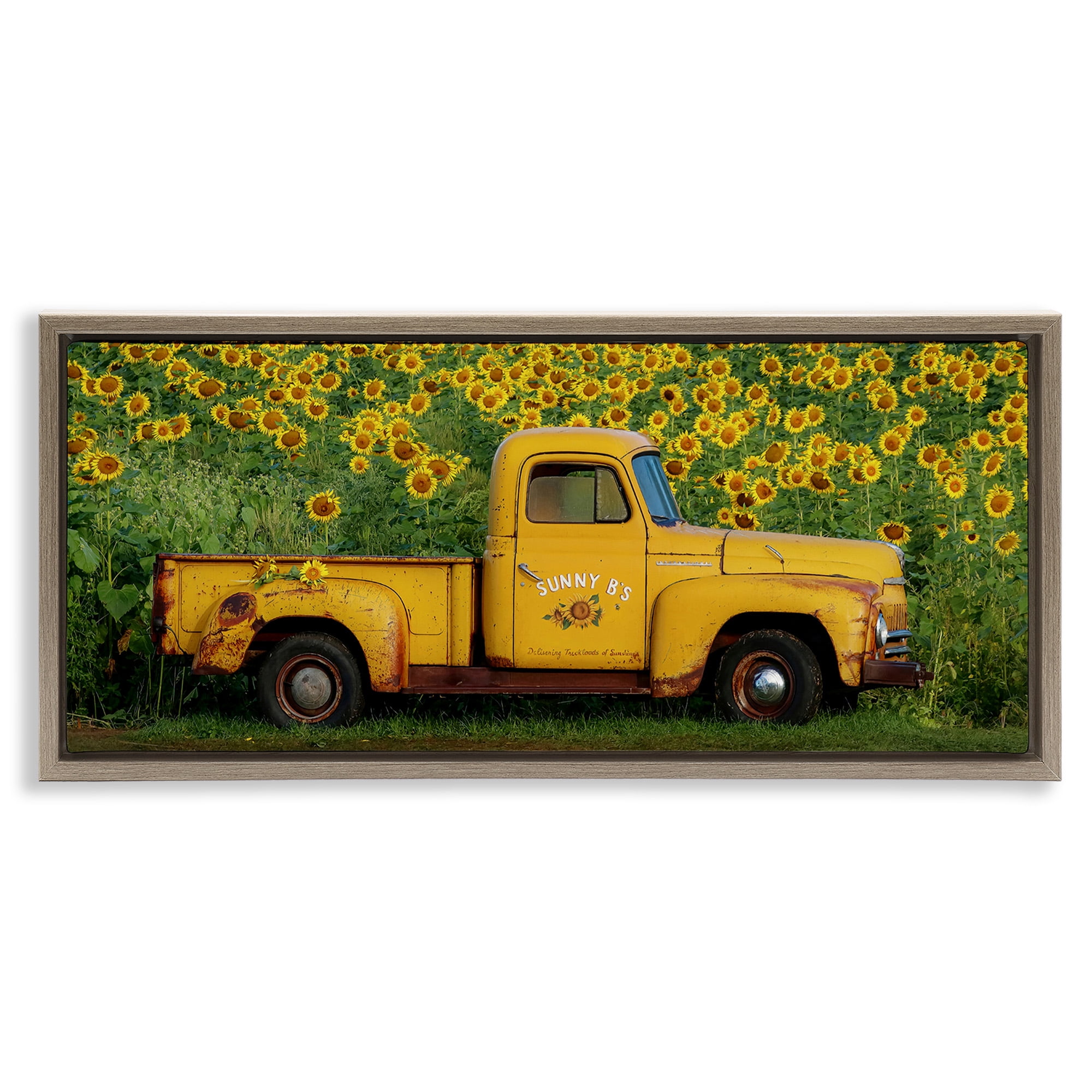 Stupell Industries Yellow Pickup in Sunflower Field Transportation Photography Brown Floater Framed Canvas Art Print Wall Art, 25 x 11