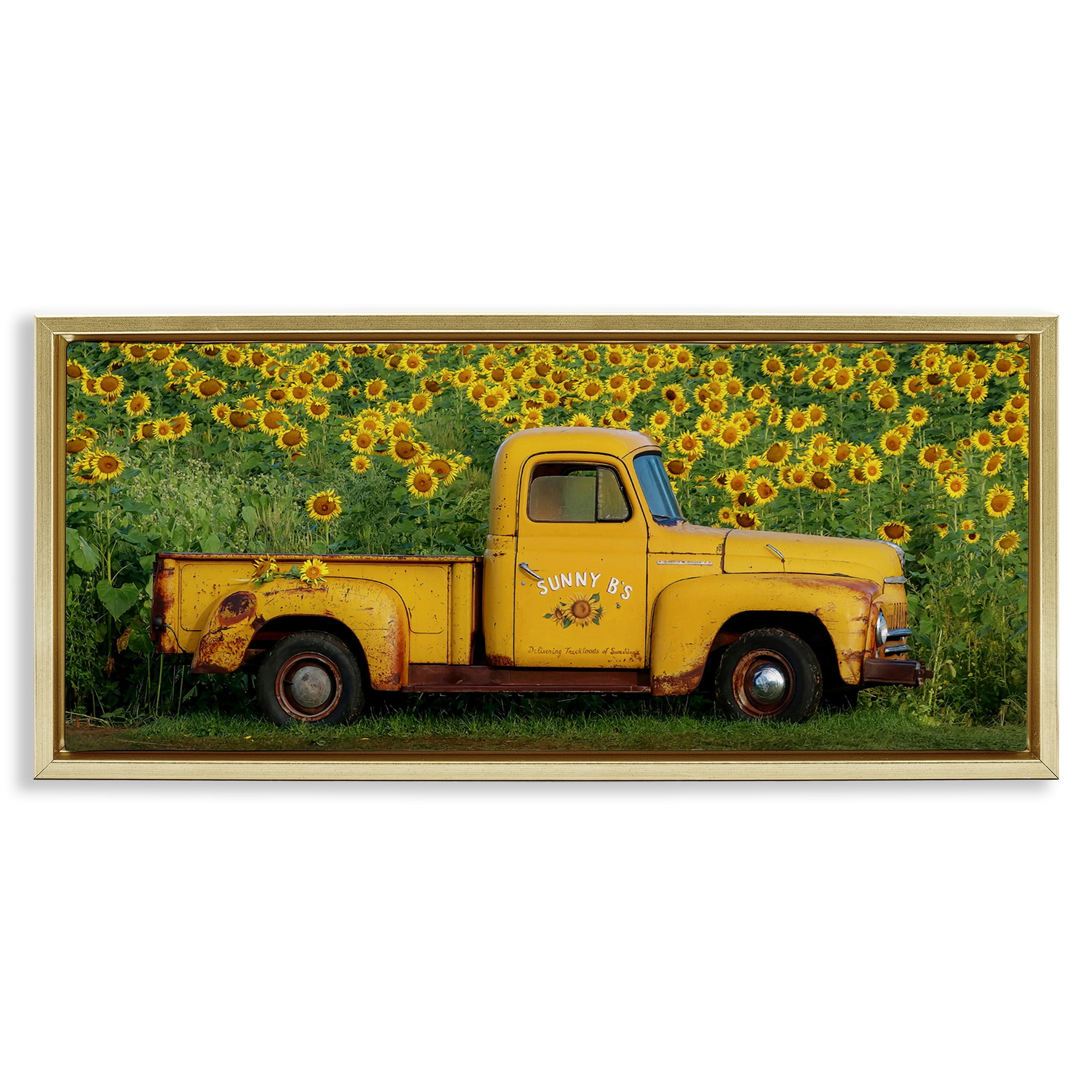 Stupell Industries Yellow Pickup in Sunflower Field Transportation Photography Gold Floater Framed Canvas Art Print Wall Art, 25 x 11