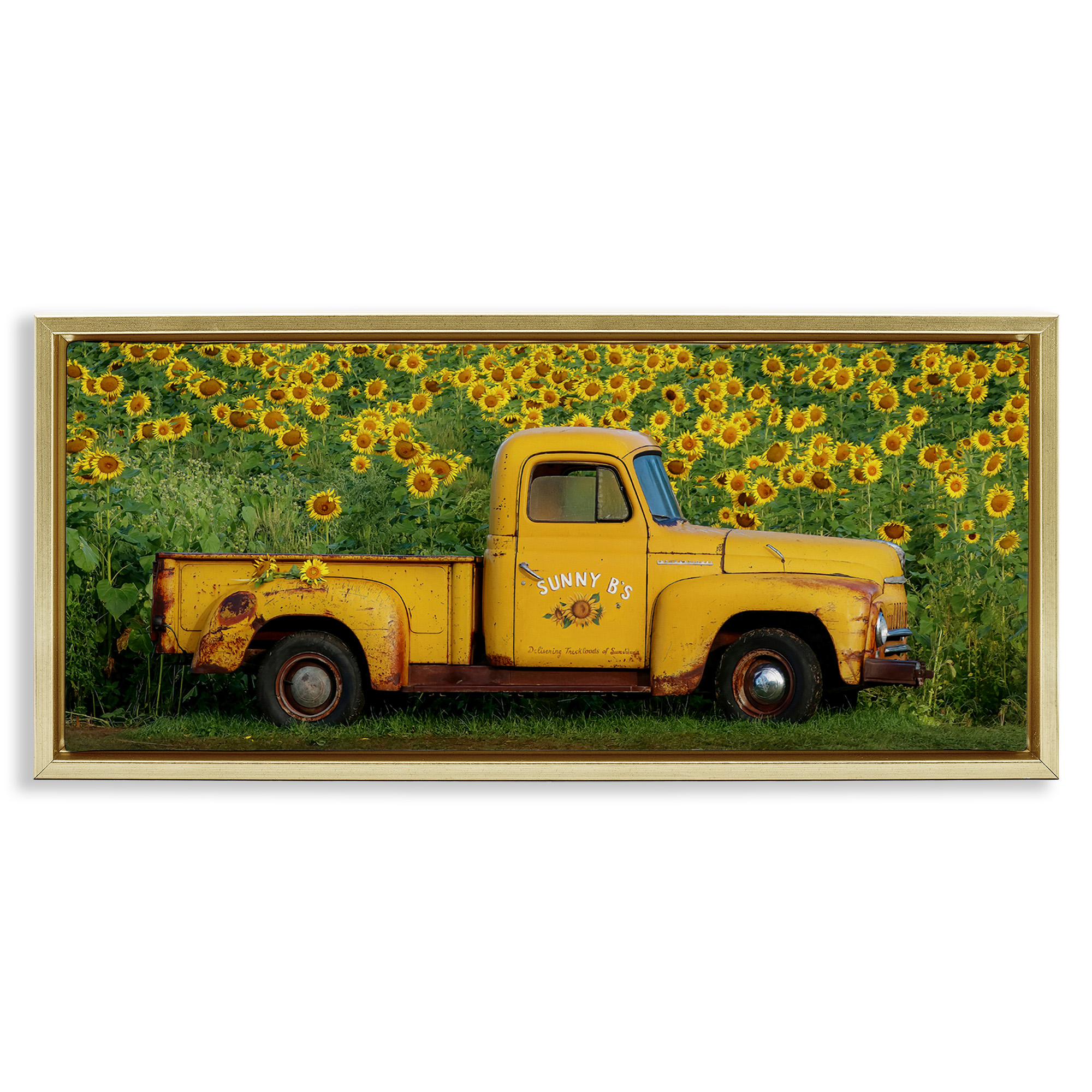 Stupell Industries Yellow Pickup in Sunflower Field Transportation Photography Gold Floater Framed Canvas Art Print Wall Art, 31 x 14