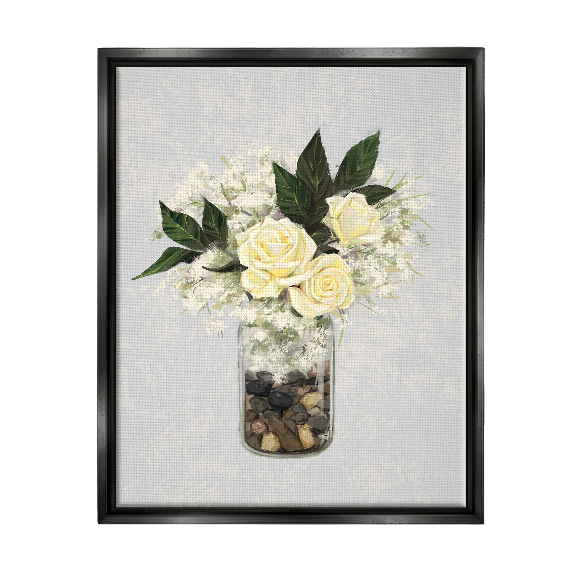 Stupell Industries Yellow Rose Flower Bouquet Decorated Rocks Vase Graphic Art Jet Black Floating Framed Canvas Print Wall Art, Design by Ziwei Li