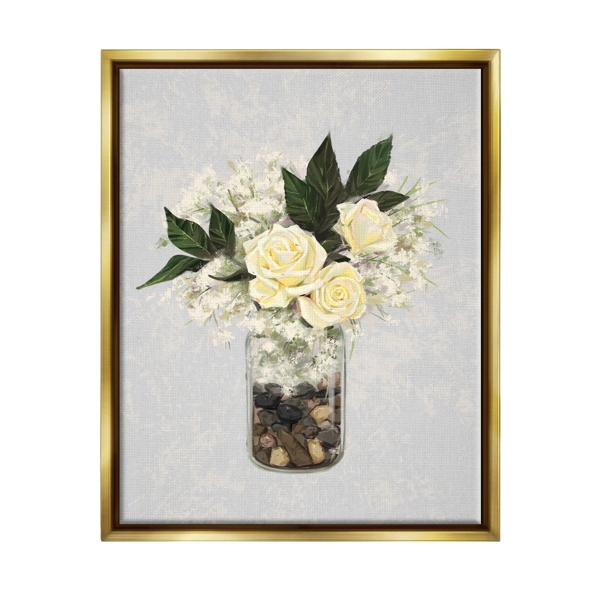 Stupell Industries Yellow Rose Flower Bouquet Decorated Rocks Vase Graphic Art Metallic Gold Floating Framed Canvas Print Wall Art, Design by Ziwei Li