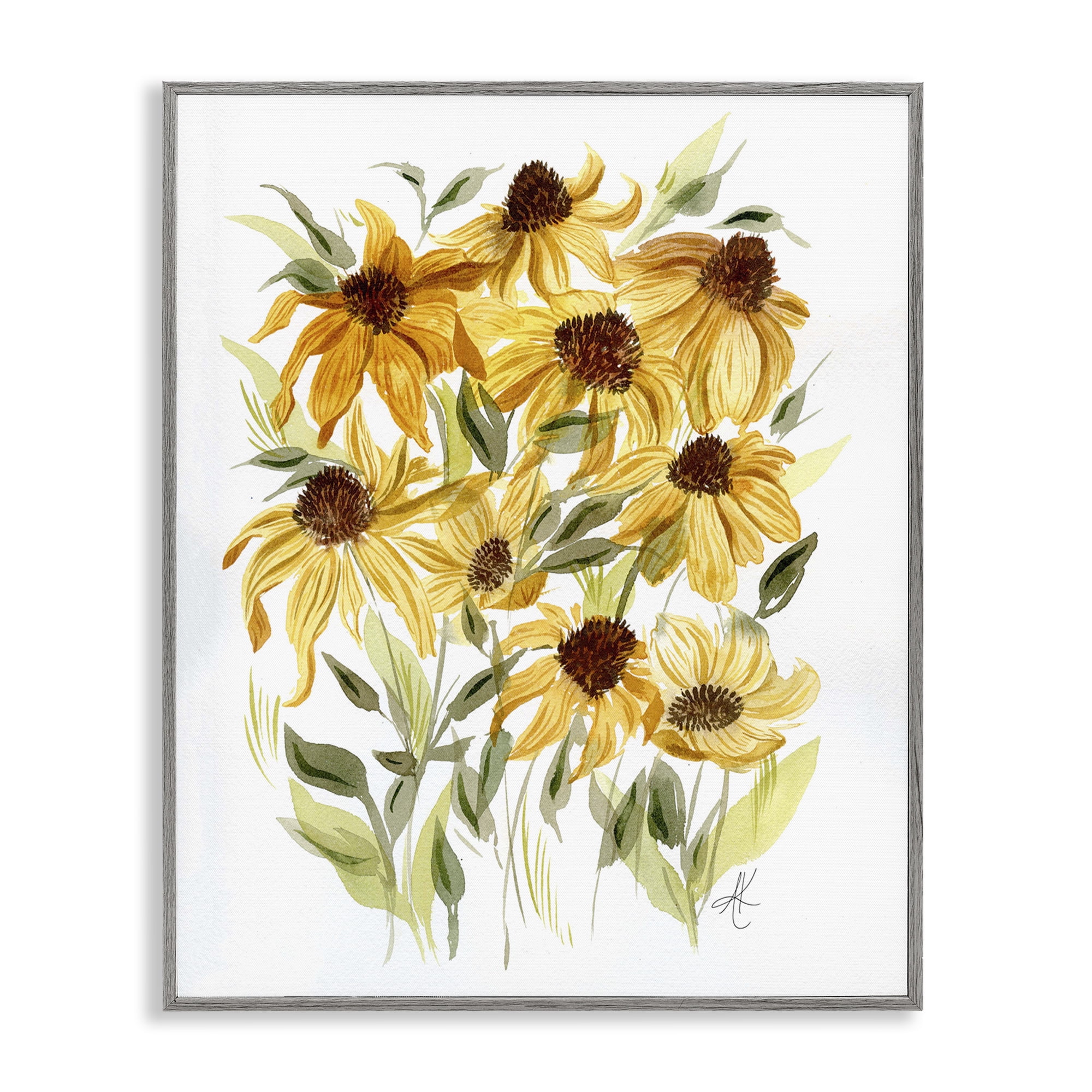 Stupell Industries Yellow Rudbeckia Florals Botanical & Floral Painting Gray Framed Art Print Wall Art, 16 x 20