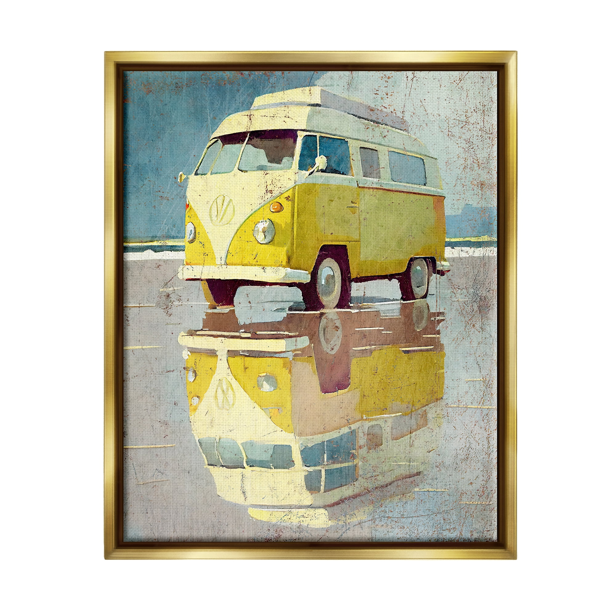Stupell Industries Yellow Rustic Minibus Transportation Painting Gold Floater Framed Canvas Art Print Wall Art, 17 x 21
