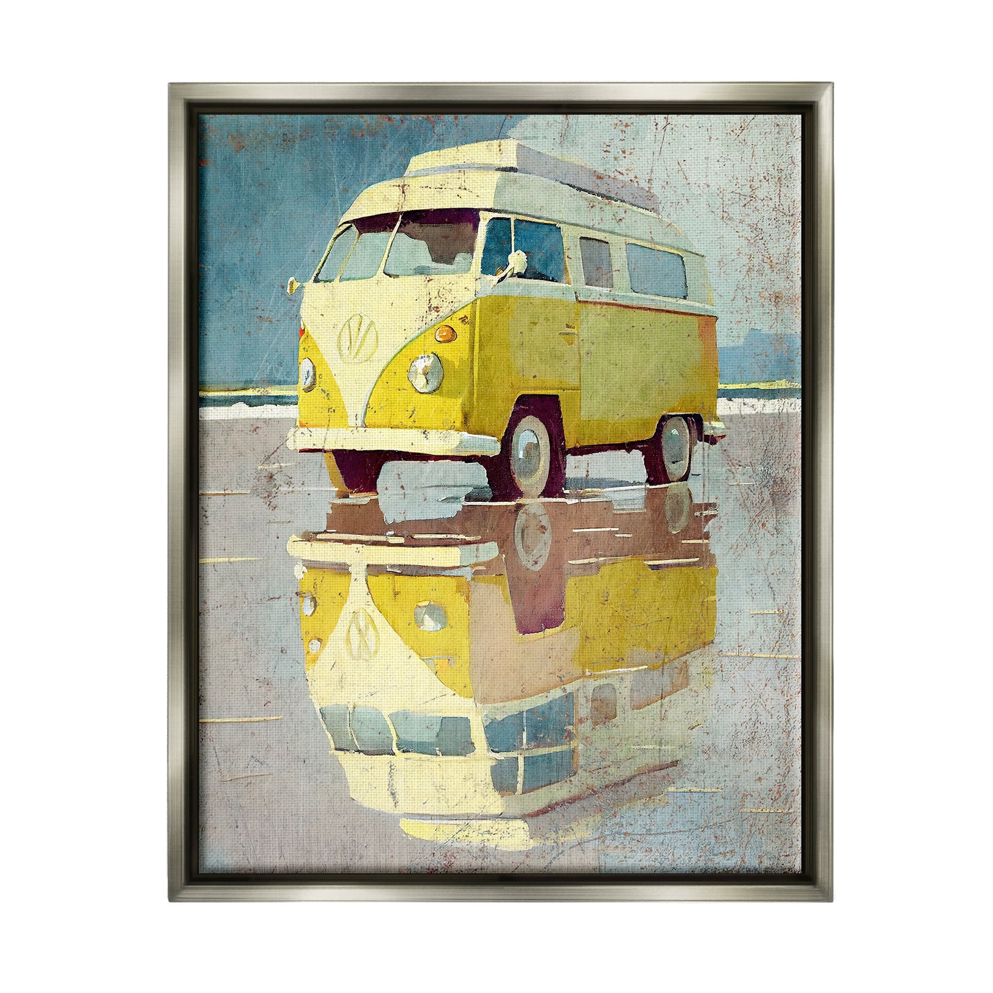 Stupell Industries Yellow Rustic Minibus Transportation Painting Gray Floater Framed Canvas Art Print Wall Art, 25 x 31