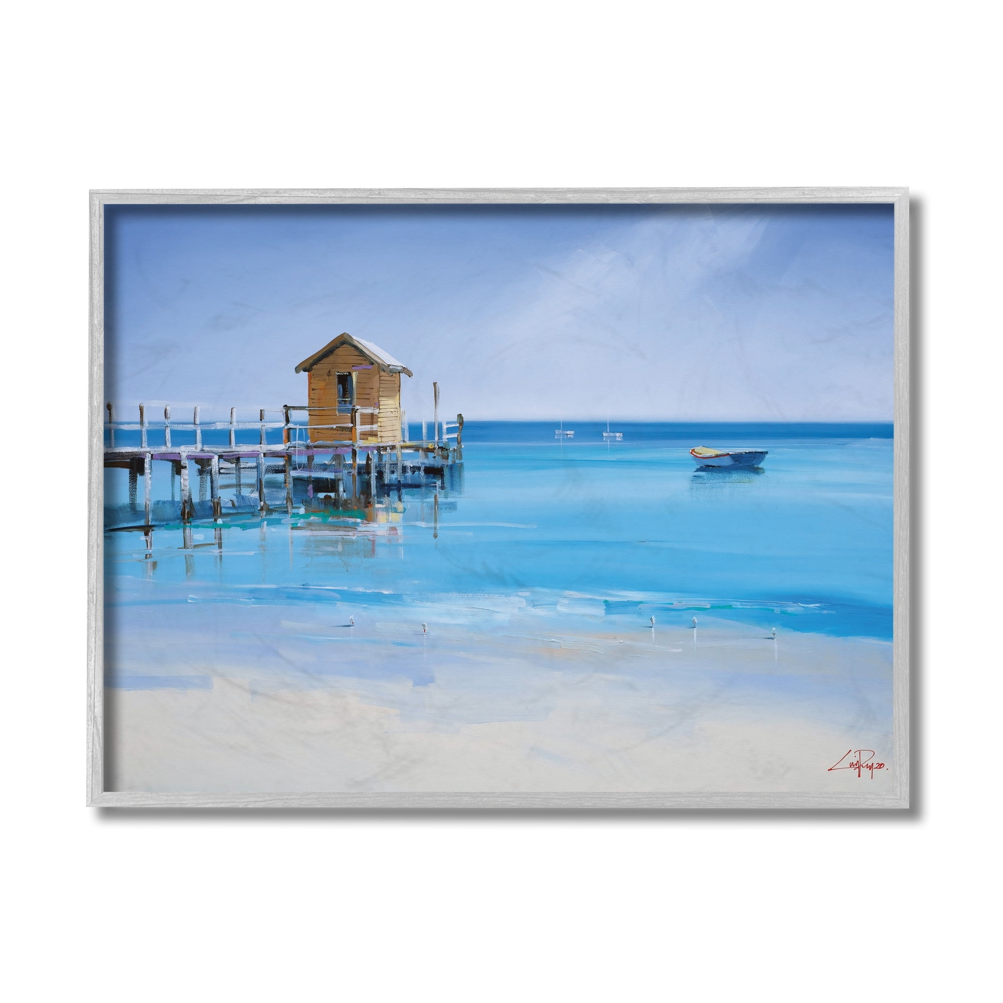 Stupell Industries Yellow Shack on Beach Wharf Sandy Coast Black Framed, 11 x 14, Design by Craig Trewin Penny