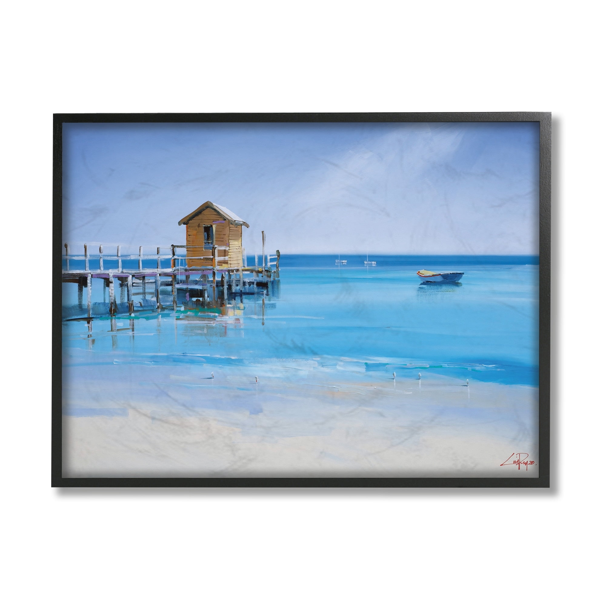 Stupell Industries Yellow Shack on Beach Wharf Sandy Coast Black Framed, 16 x 20, Design by Craig Trewin Penny