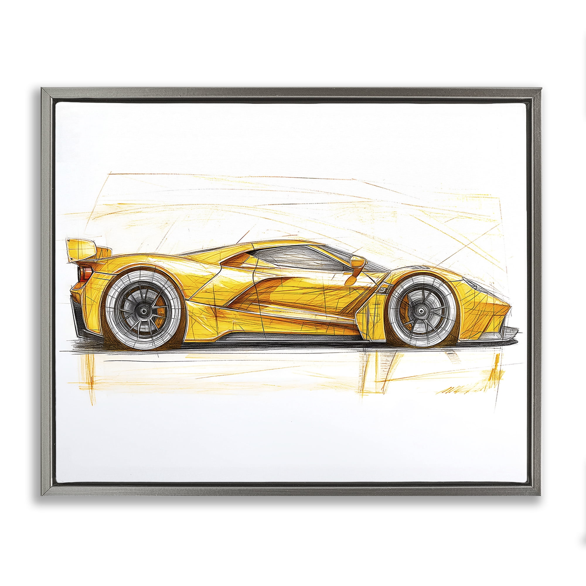 Stupell Industries Yellow Sports Car Whimsicality Gray Framed Floater Canvas Wall Art, design by Steve Hunziker