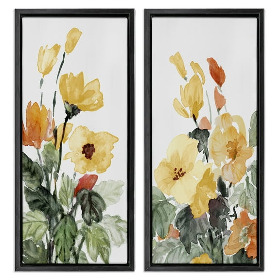 Stupell Industries Yellow Spring Flowers Botanical & Floral Painting Black Floater Framed Canvas Art Print Wall Art, 11 x 25, Set of 2