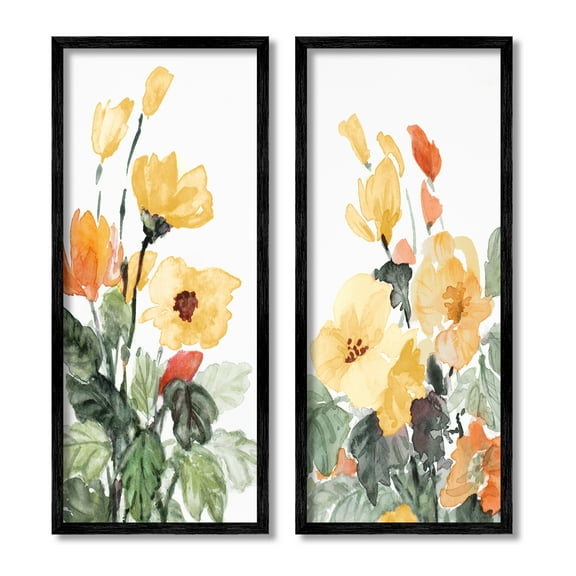 Stupell Industries Yellow Spring Flowers Botanical & Floral Painting Black Framed Art Print Wall Art, 10 x 24, Set of 2