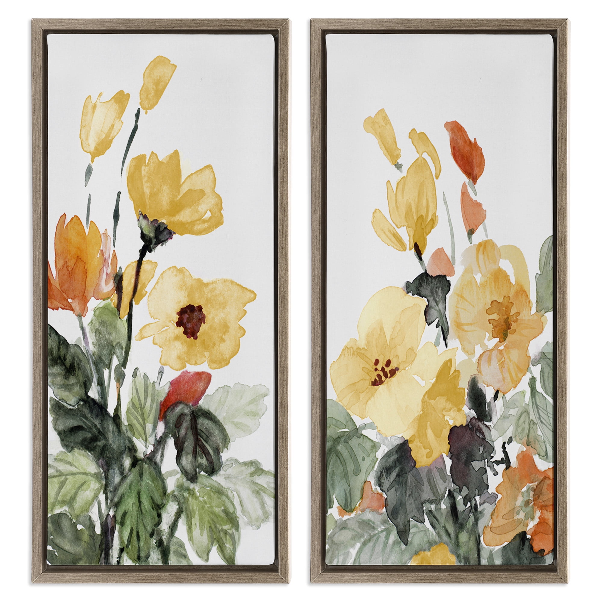 Stupell Industries Yellow Spring Flowers Botanical & Floral Painting Brown Floater Framed Canvas Art Print Wall Art, 15 x 31, Set of 2