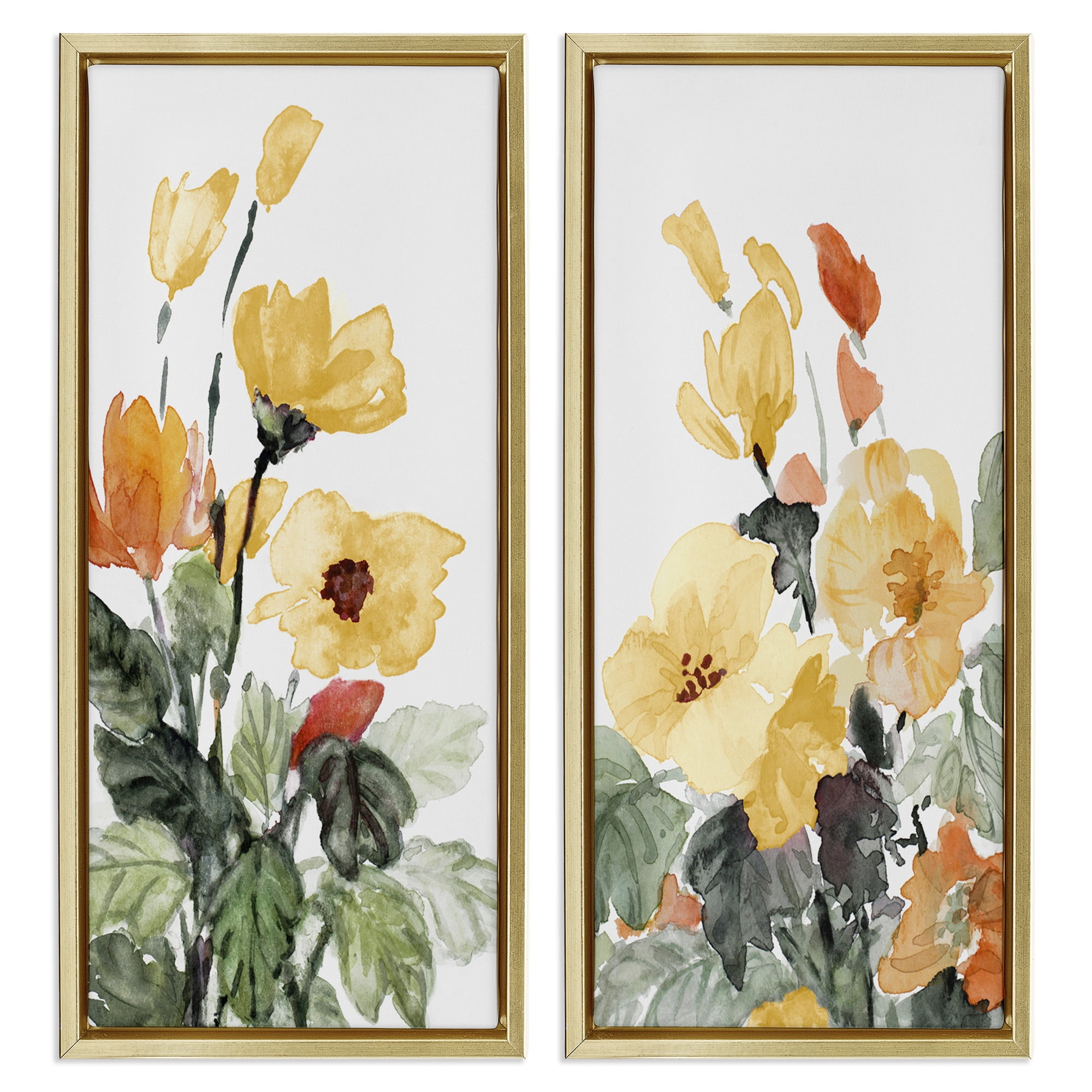 Stupell Industries Yellow Spring Flowers Botanical & Floral Painting Gold Floater Framed Canvas Art Print Wall Art, 15 x 31, Set of 2