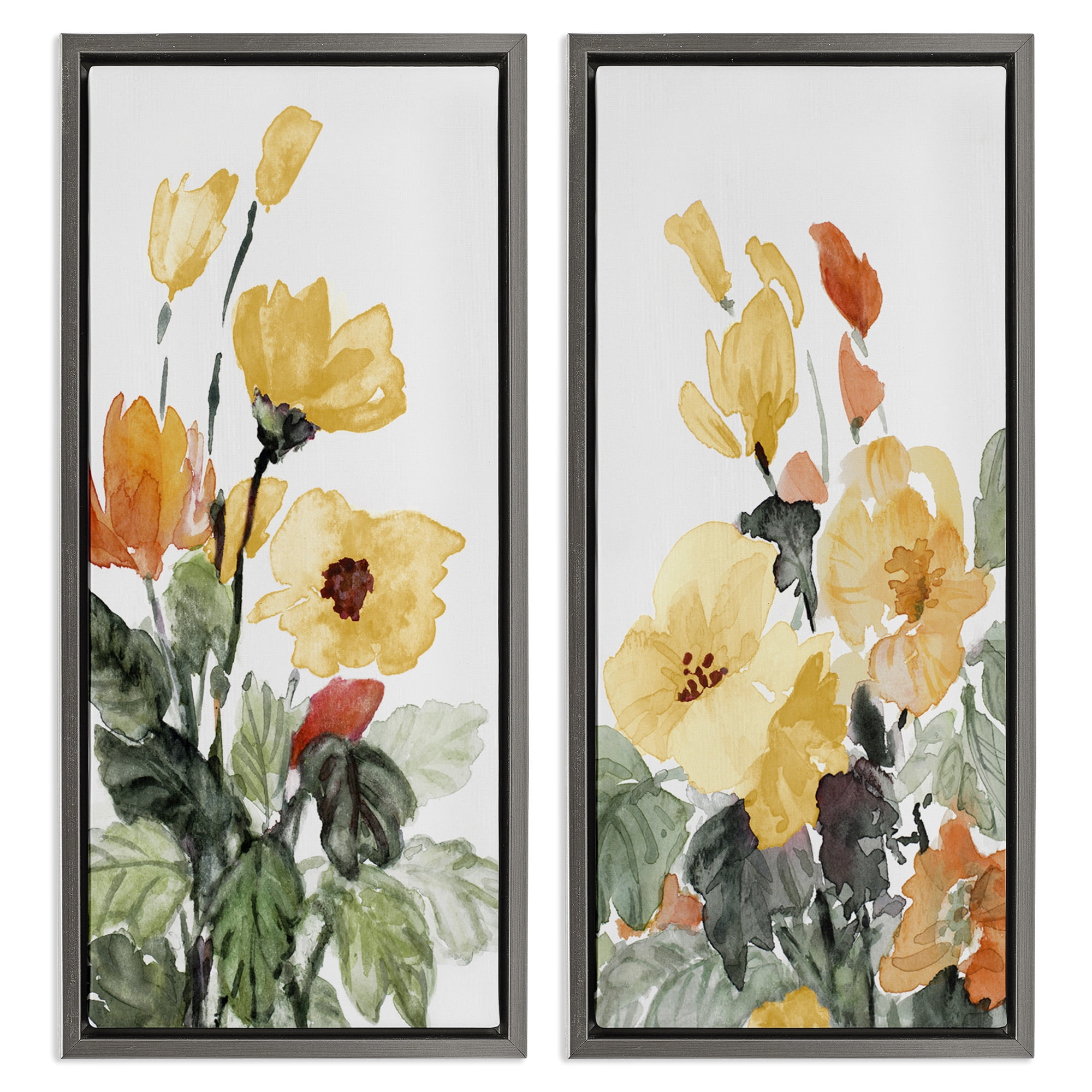 Stupell Industries Yellow Spring Flowers Botanical & Floral Painting Gray Floater Framed Canvas Art Print Wall Art, 15 x 31, Set of 2