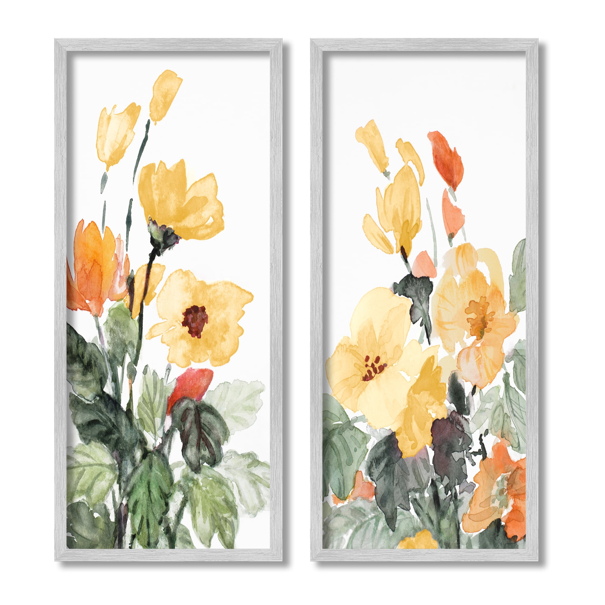 Stupell Industries Yellow Spring Flowers Botanical & Floral Painting Gray Framed Art Print Wall Art, 13 x 30, Set of 2