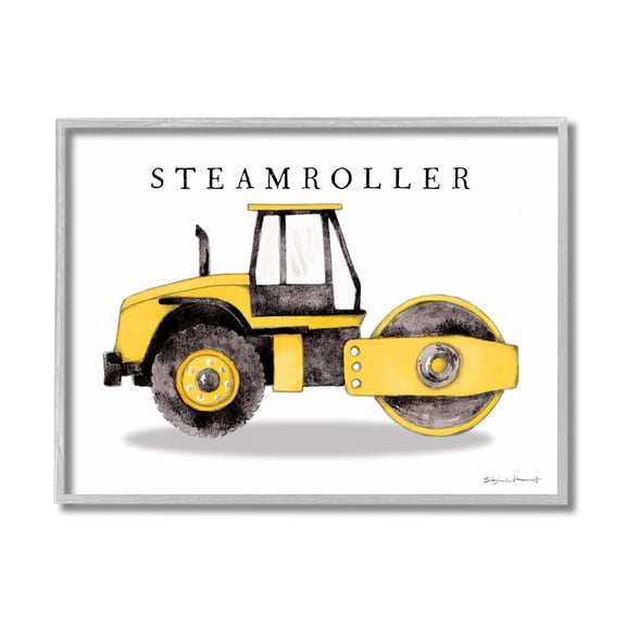 Stupell Industries Yellow Steam Roller Traditional Construction Truck Transportation Painting Gray Framed Art Print Wall Art, 11 x 14