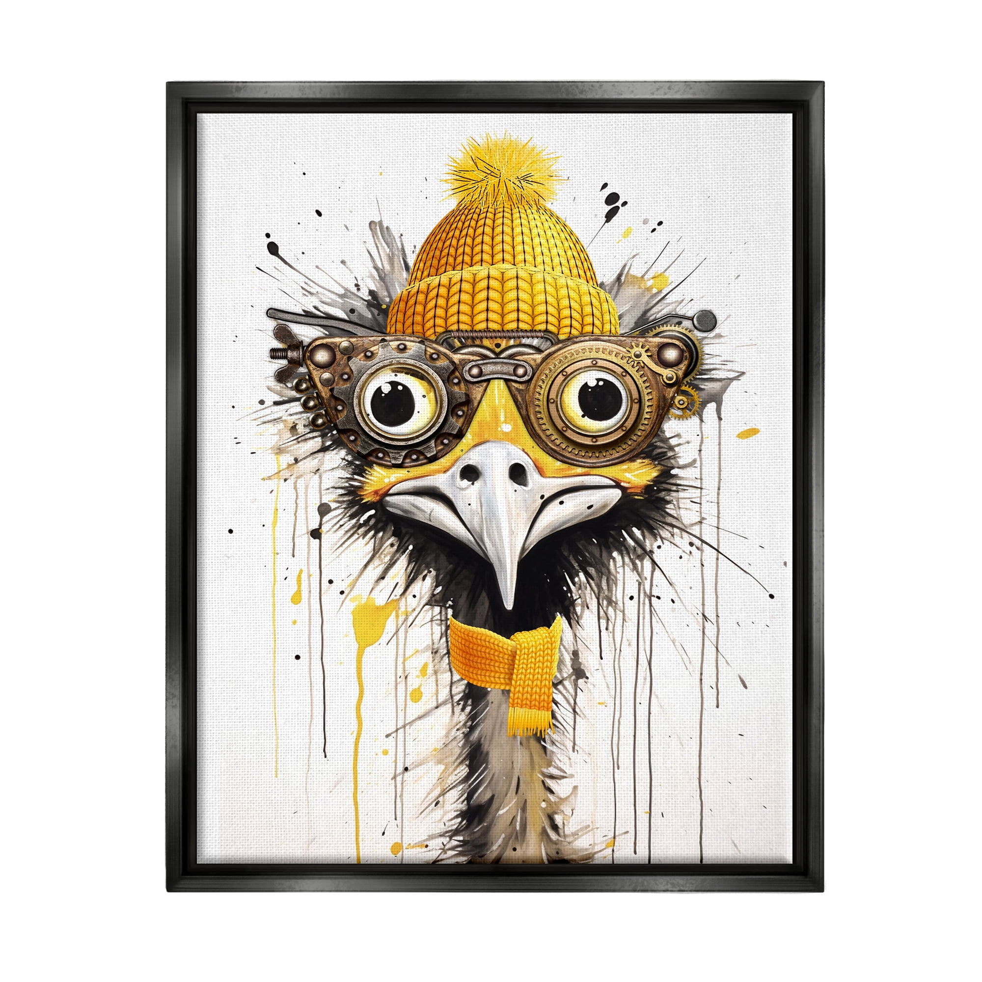 Stupell Industries Yellow Steampunk Emu Animals & Insects Painting Black Floater Framed Canvas Art Print Wall Art, 25 x 31