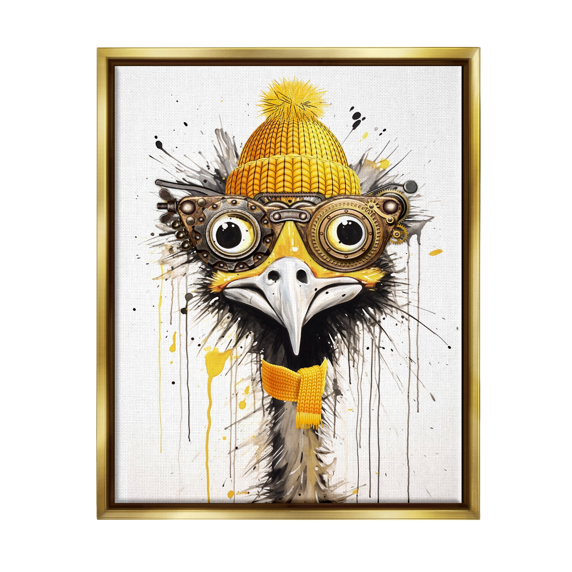 Stupell Industries Yellow Steampunk Emu Animals & Insects Painting Gold Floater Framed Canvas Art Print Wall Art, 25 x 31