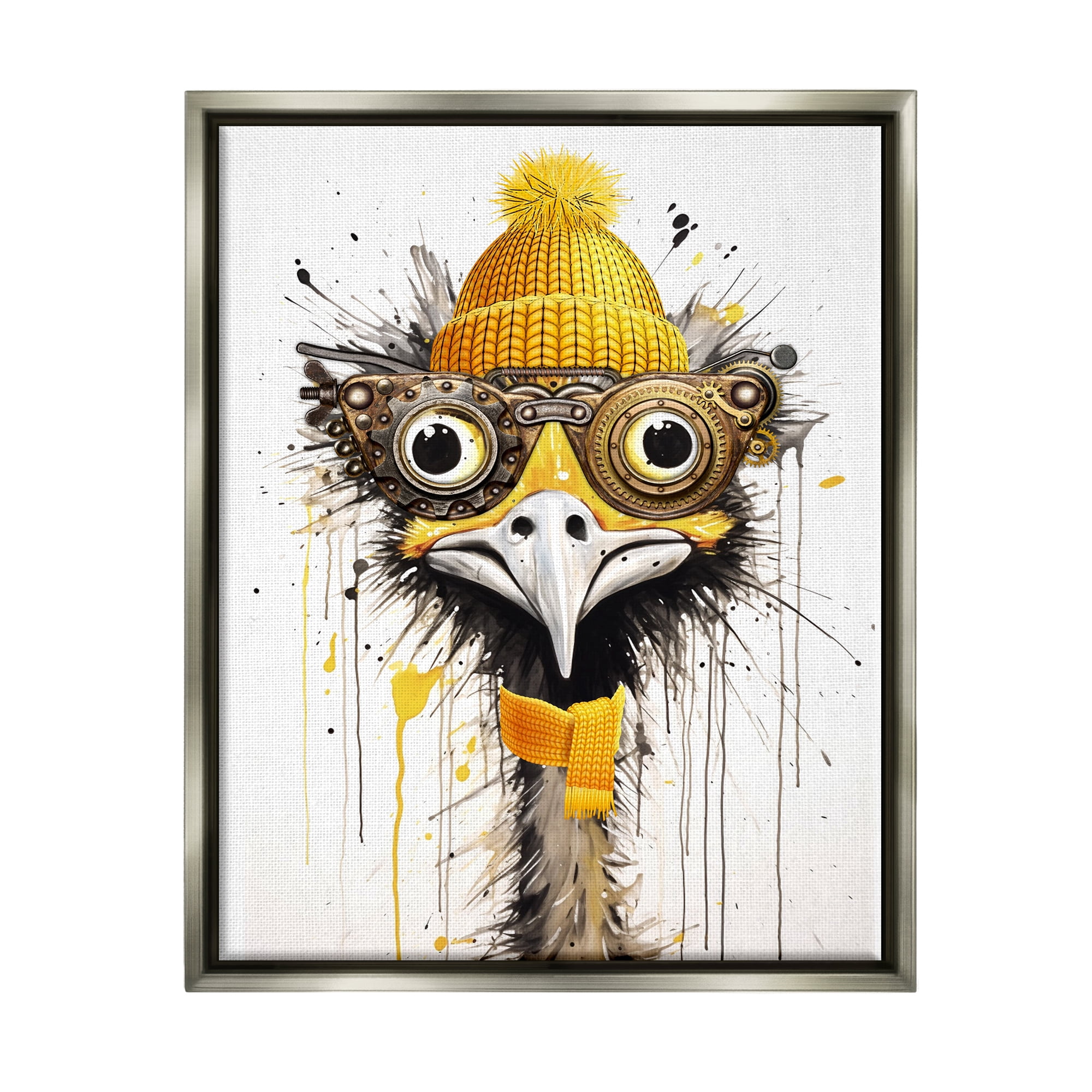Stupell Industries Yellow Steampunk Emu Animals & Insects Painting Gray Floater Framed Canvas Art Print Wall Art, 25 x 31