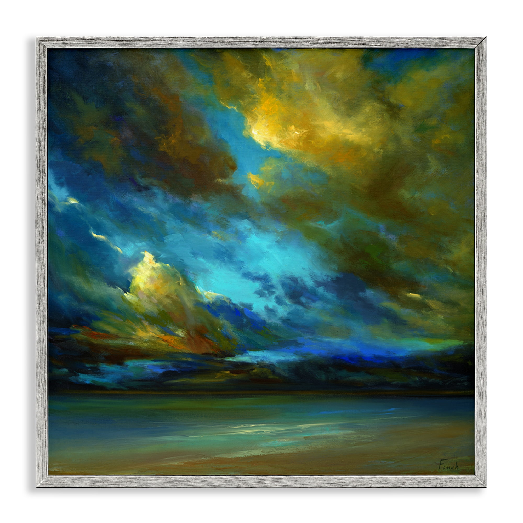 Stupell Industries Yellow Streaked Sky Landscape & Nature Painting Gray Framed Art Print Wall Art, 12 x 12