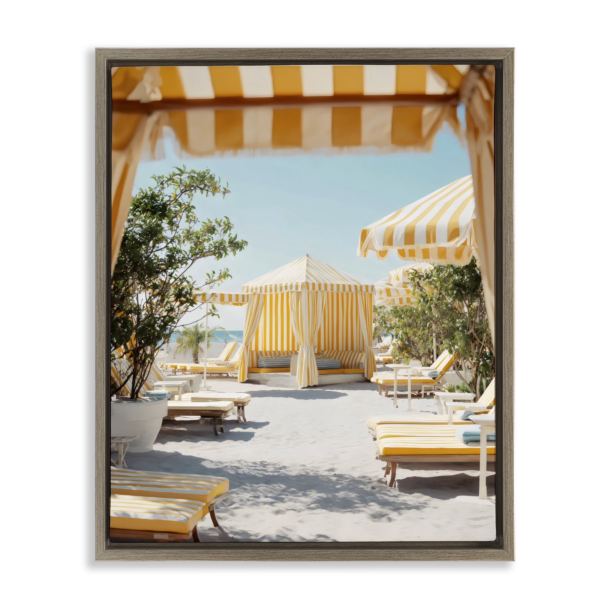 Stupell Industries Yellow Striped Beach Cabanas Brown Framed Floater Canvas Wall Art, design by Franklyn Gregory
