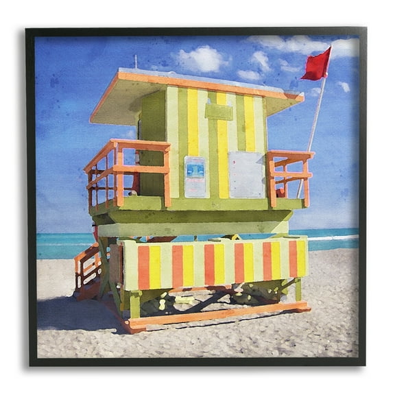 Stupell Industries Yellow Summer Beach Hut Nature Painting Black Framed Art Print Wall Art, 12 x 12