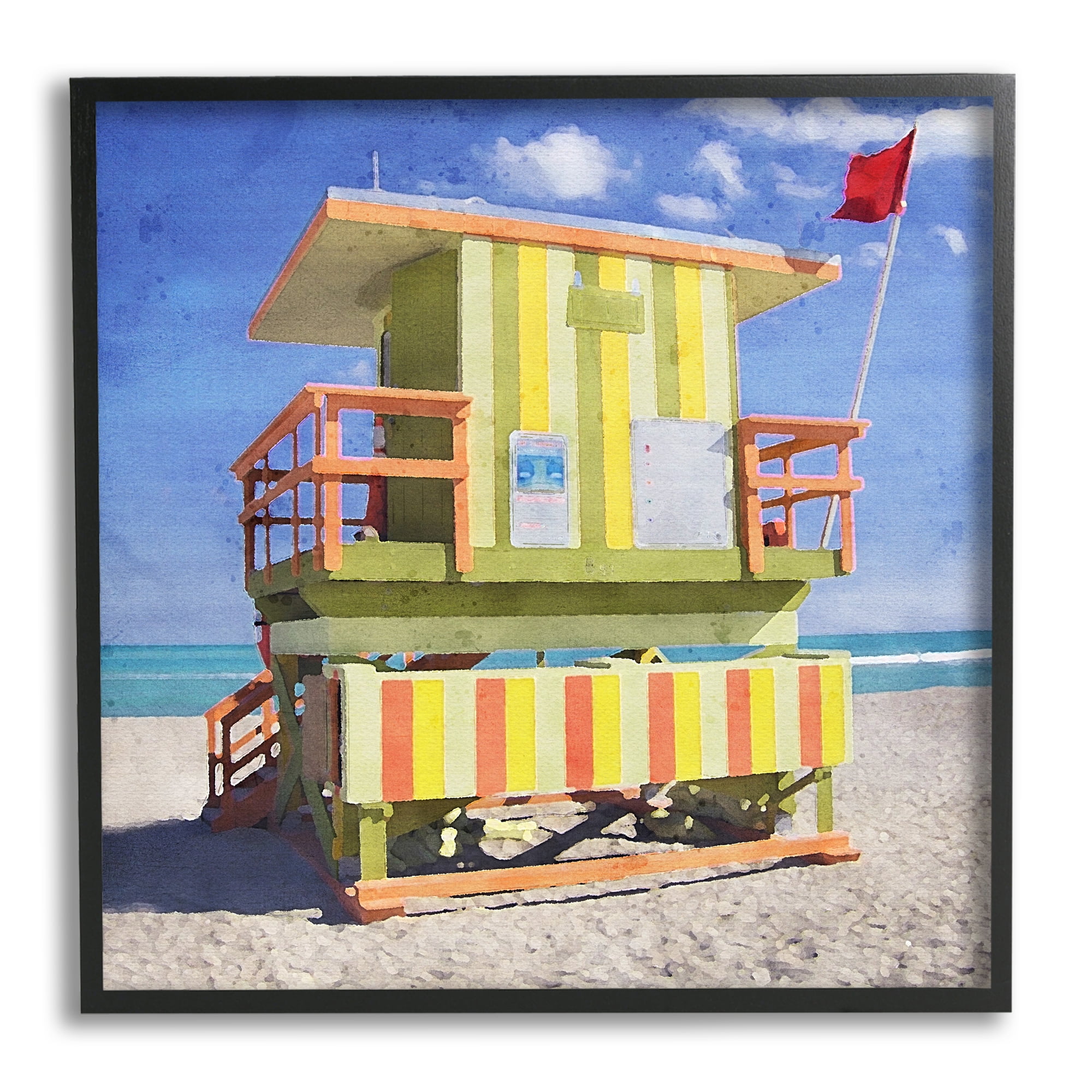 Stupell Industries Yellow Summer Beach Hut Nature Painting Black Framed Art Print Wall Art, 17 x 17