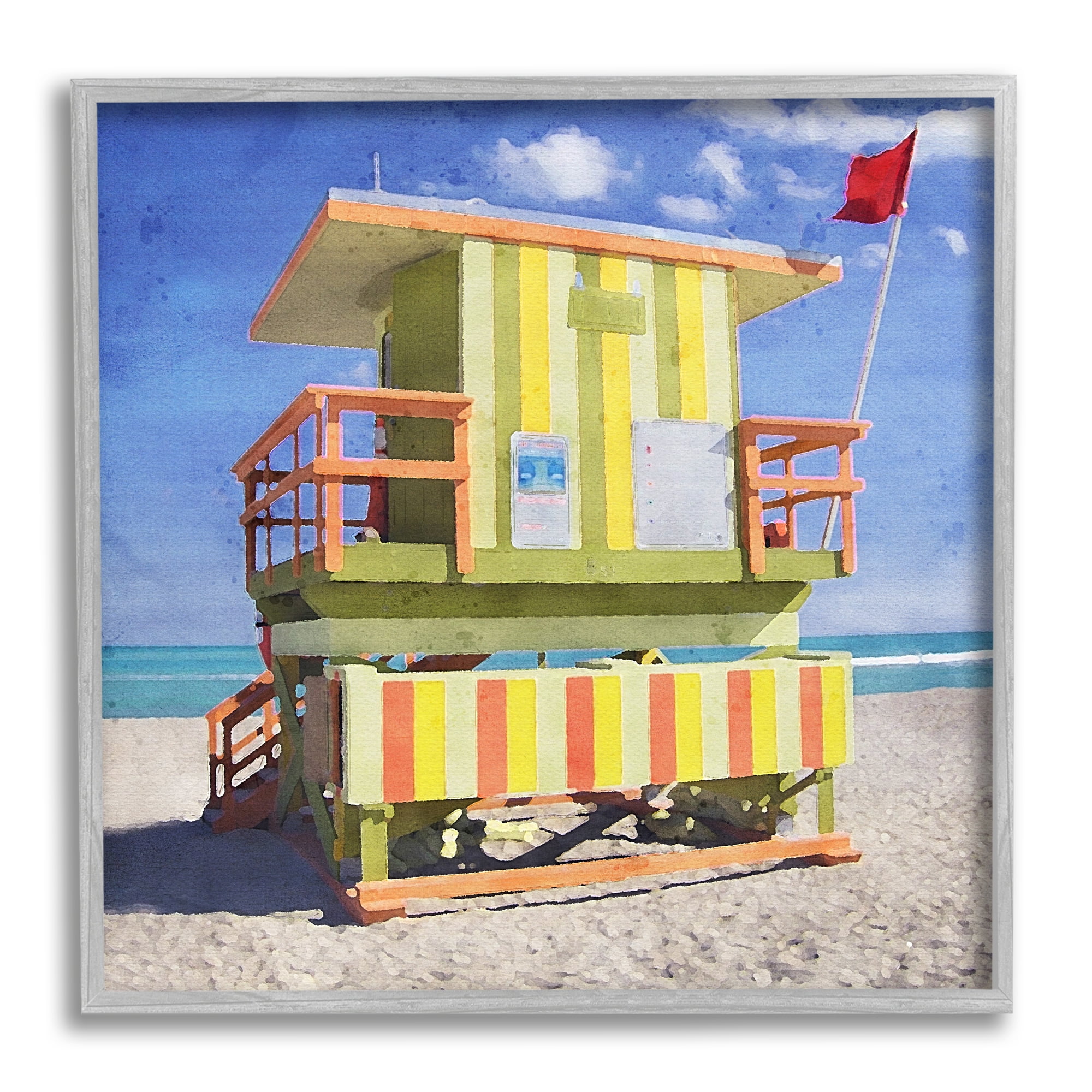 Stupell Industries Yellow Summer Beach Hut Nature Painting Gray Framed Art Print Wall Art, 24 x 24