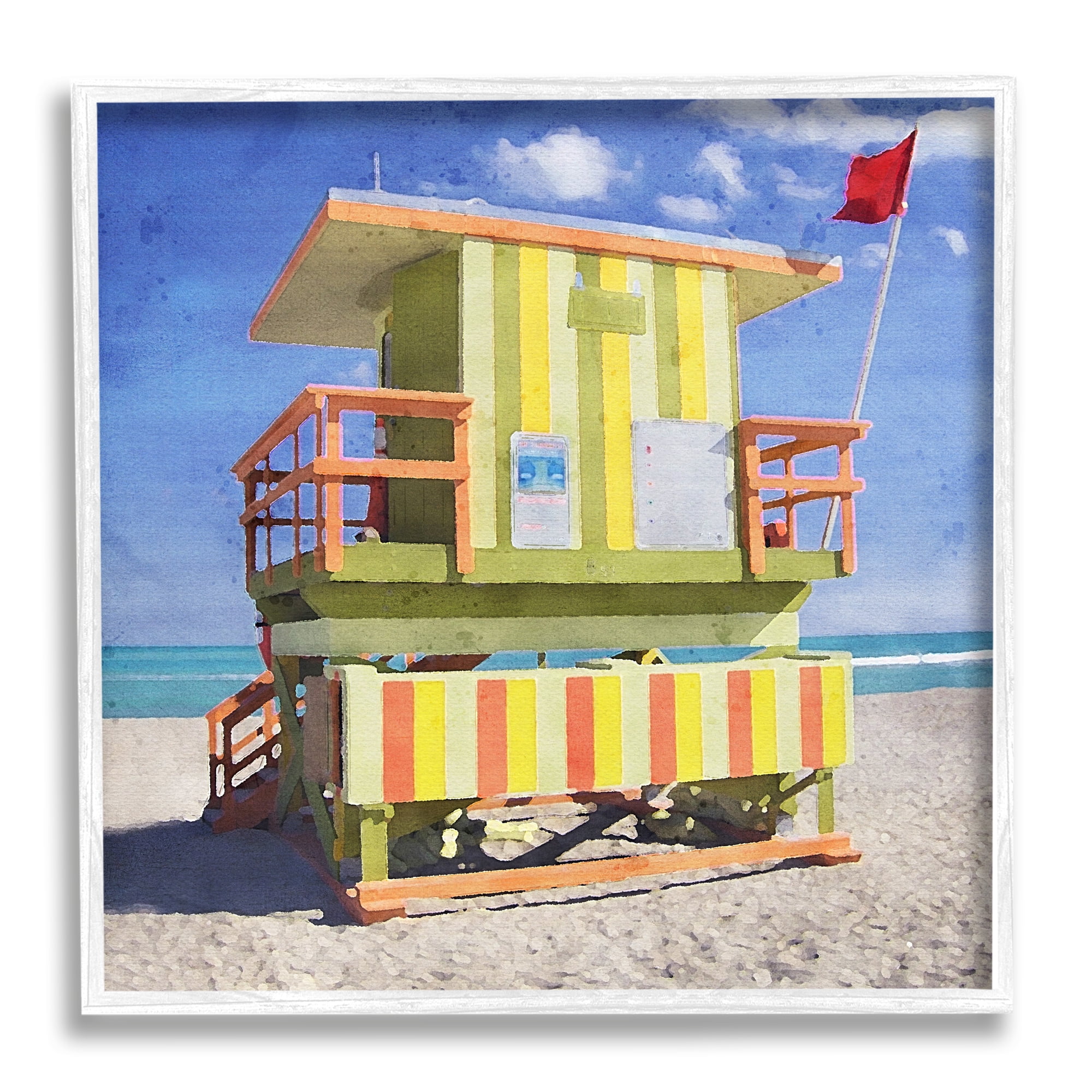 Stupell Industries Yellow Summer Beach Hut Nature Painting White Framed Art Print Wall Art, 12 x 12