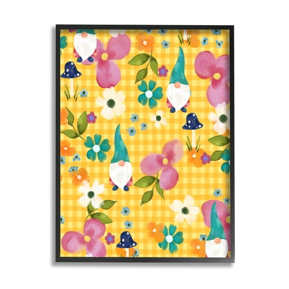Stupell Industries Yellow Tartan Patterned Spring Gnomes Mushrooms Graphic Art Black Framed Art Print Wall Art, Design by Laura Konyndyk