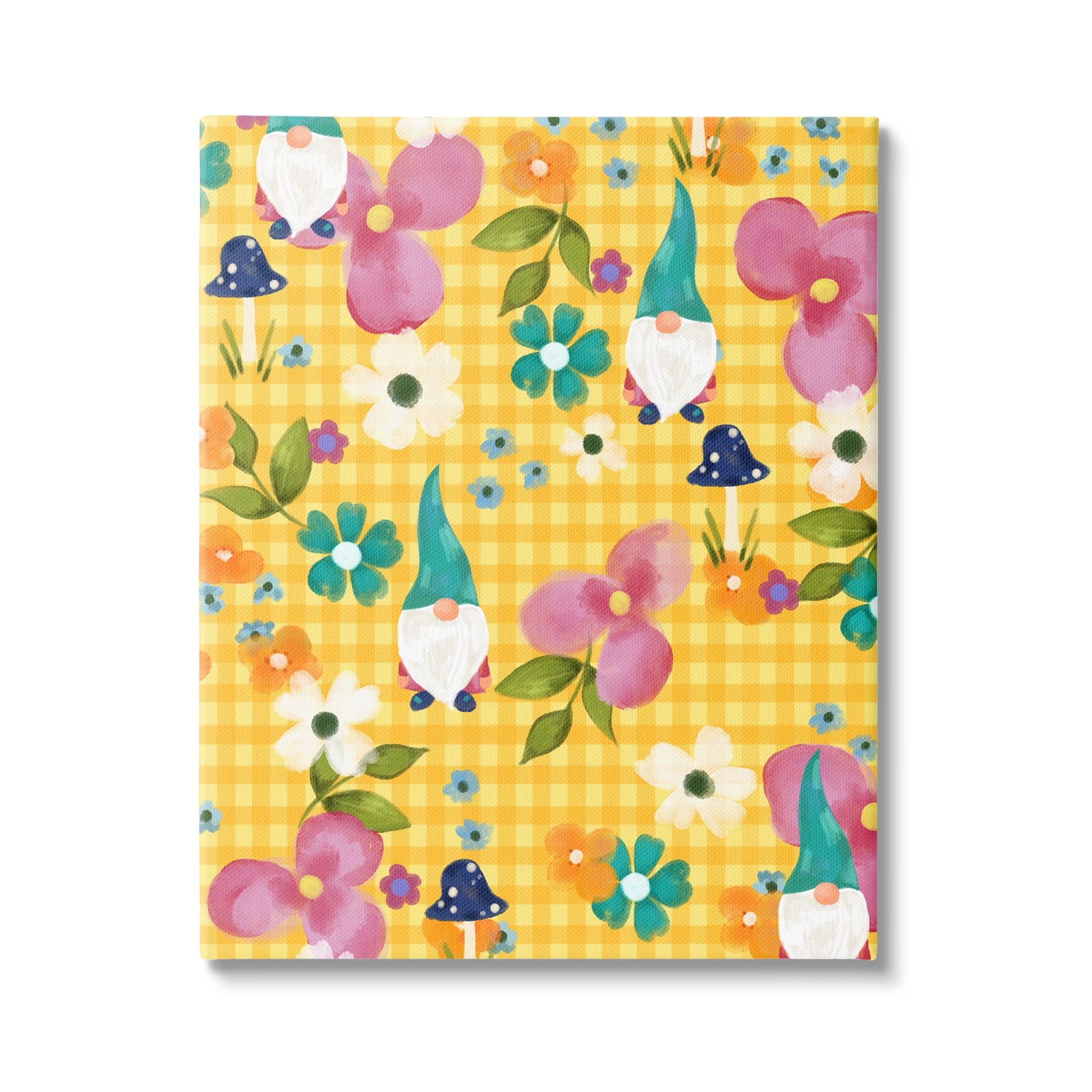 Stupell Industries Yellow Tartan Patterned Spring Gnomes Mushrooms Graphic Art Gallery Wrapped Canvas Print Wall Art, Design by Laura Konyndyk