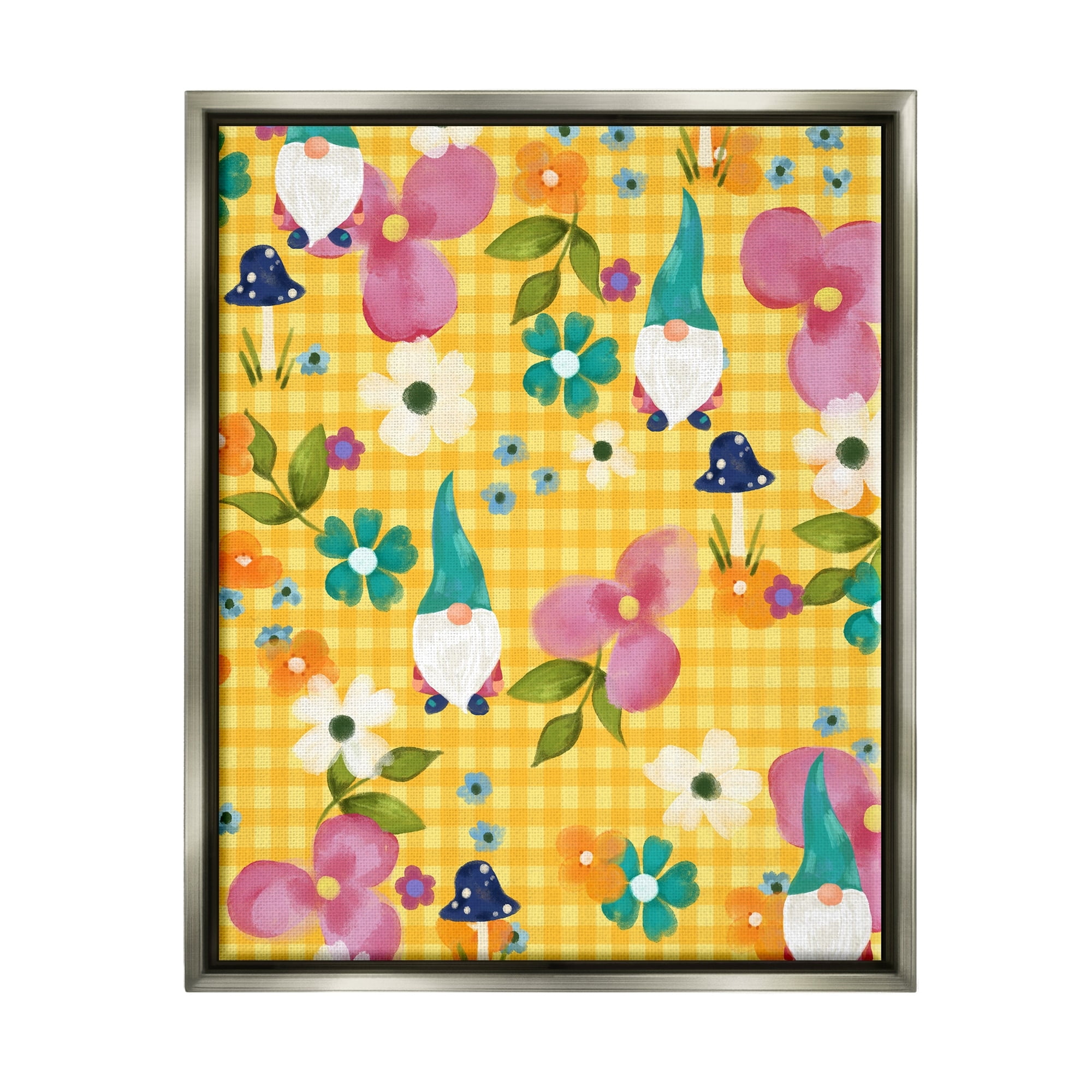 Stupell Industries Yellow Tartan Patterned Spring Gnomes Mushrooms Graphic Art Luster Gray Floating Framed Canvas Print Wall Art, Design by Laura Konyndyk