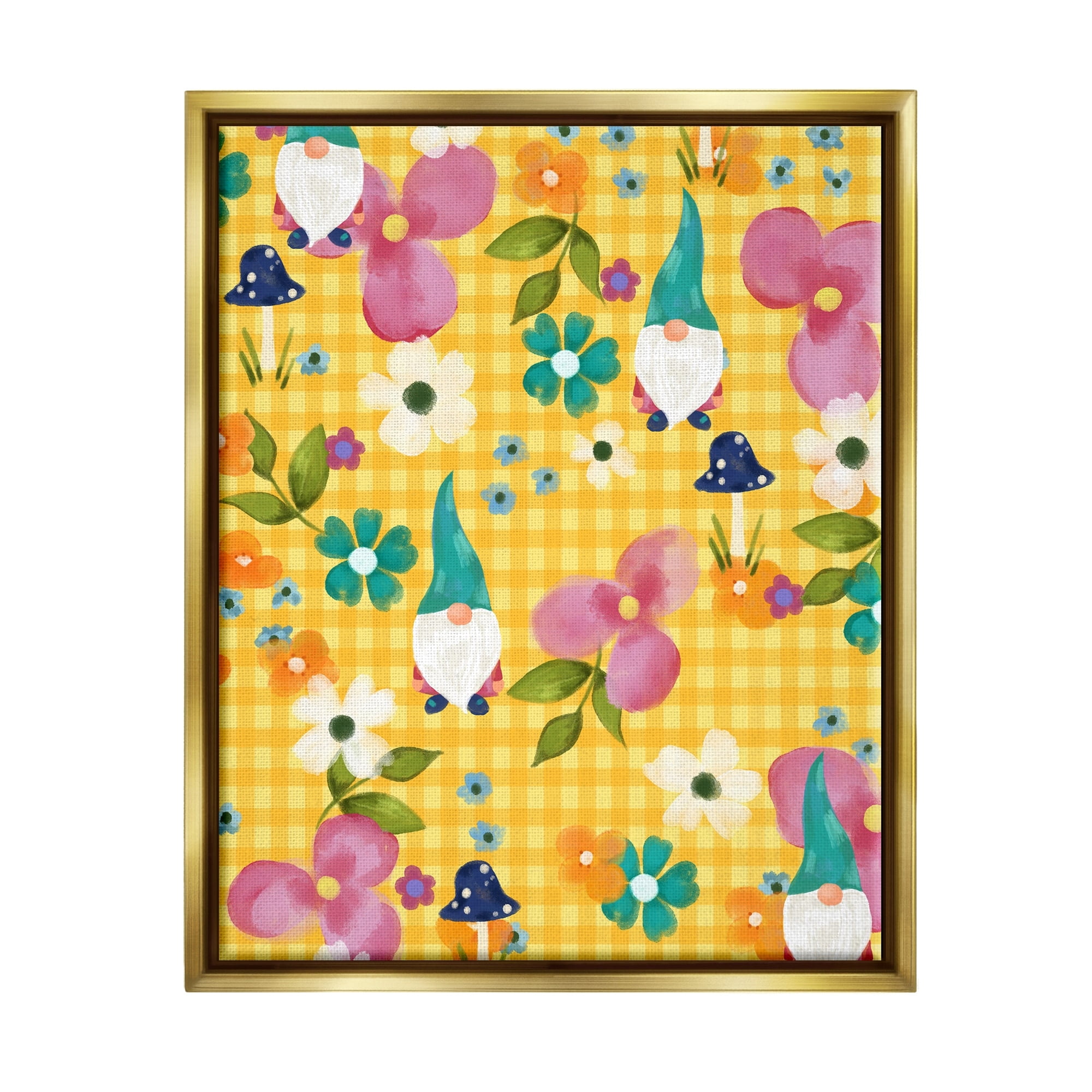 Stupell Industries Yellow Tartan Patterned Spring Gnomes Mushrooms Graphic Art Metallic Gold Floating Framed Canvas Print Wall Art, Design by Laura Konyndyk
