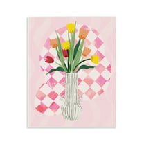 Stupell Industries Yellow Tulip Vase on Checkered Floral Painting Unframed Art Print Wall Art, 11 x 14