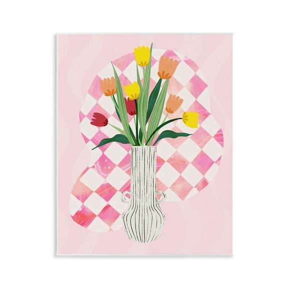 Stupell Industries Yellow Tulip Vase on Checkered Floral Painting Unframed Art Print Wall Art, 11 x 14