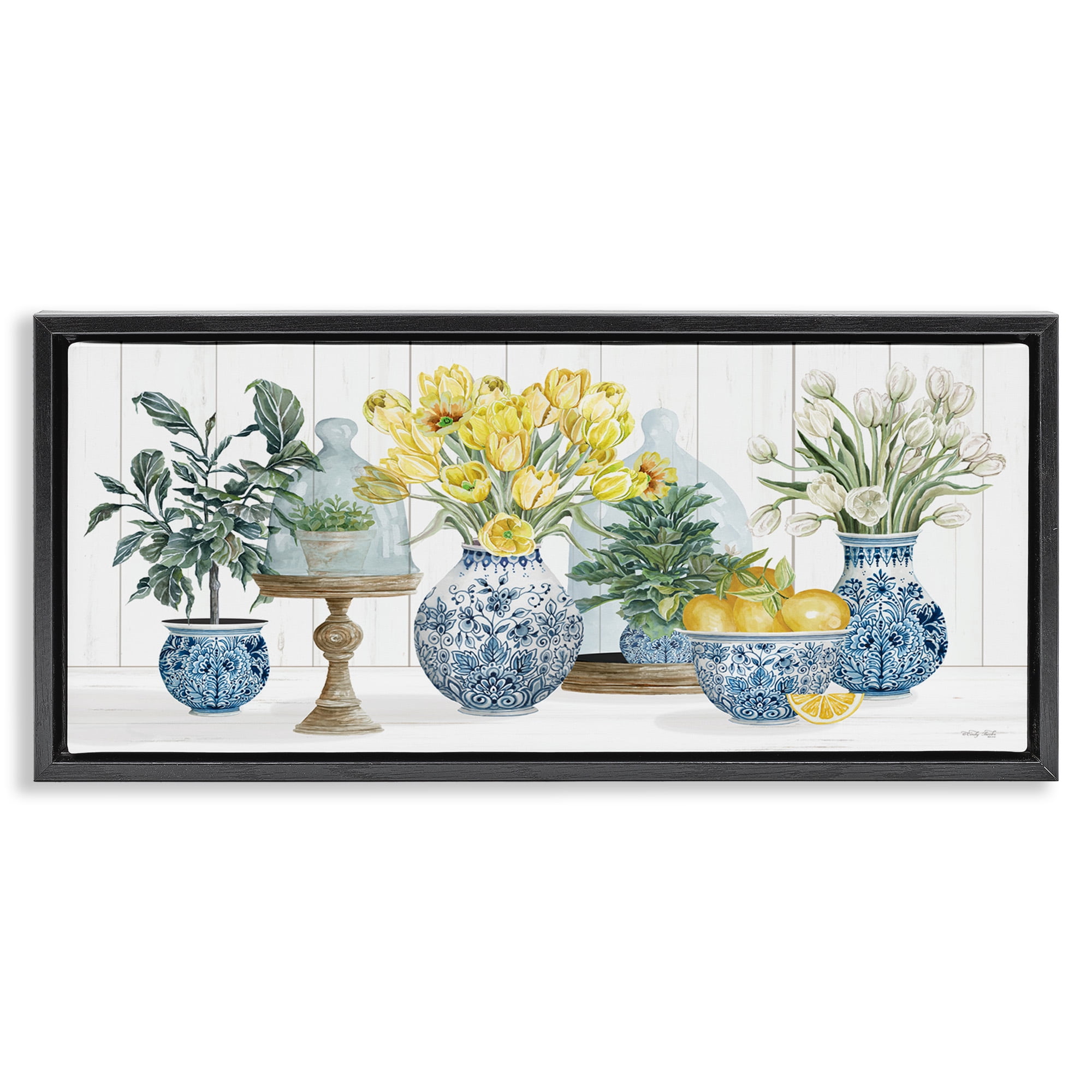 Stupell Industries Yellow Tulips & Lemon Fruits Botanical & Floral Painting Black Floater Framed Canvas Art Print Wall Art, 25 x 11