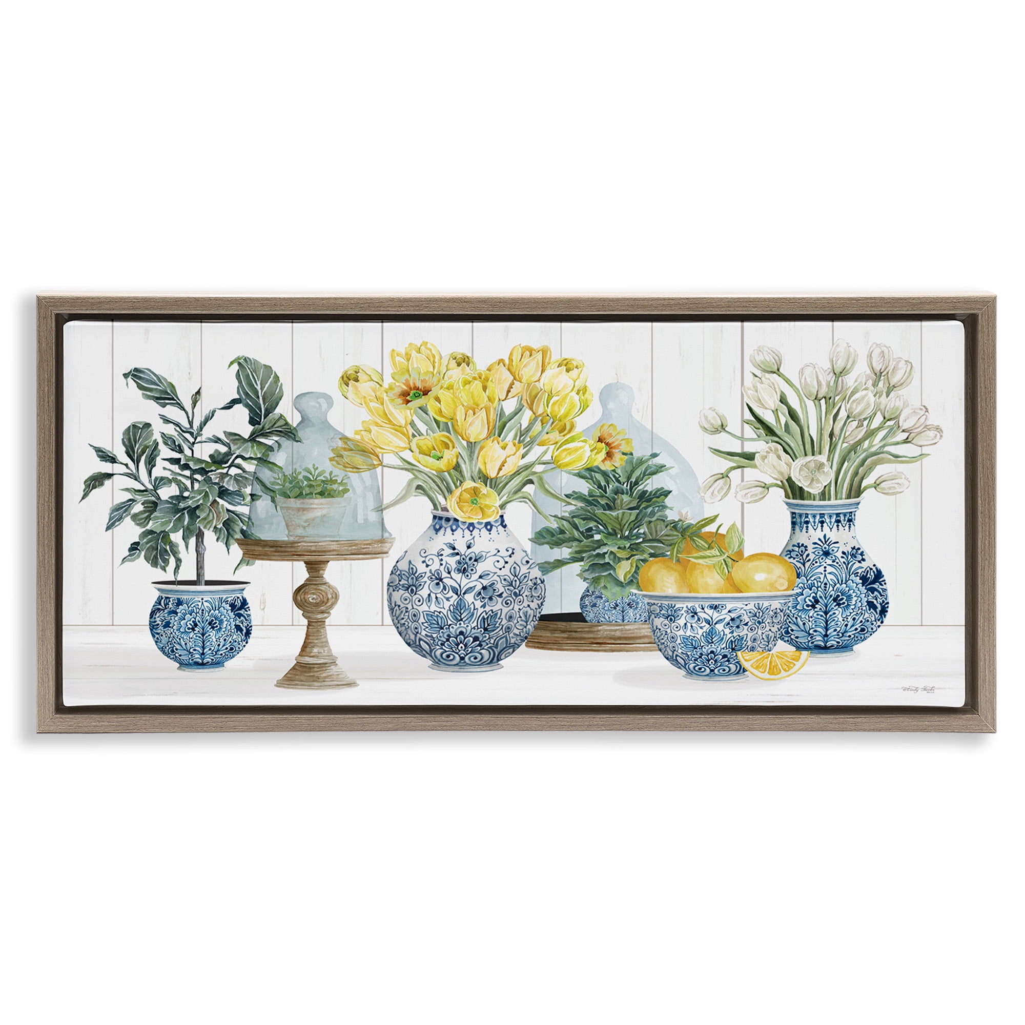 Stupell Industries Yellow Tulips & Lemon Fruits Botanical & Floral Painting Brown Floater Framed Canvas Art Print Wall Art, 25 x 11