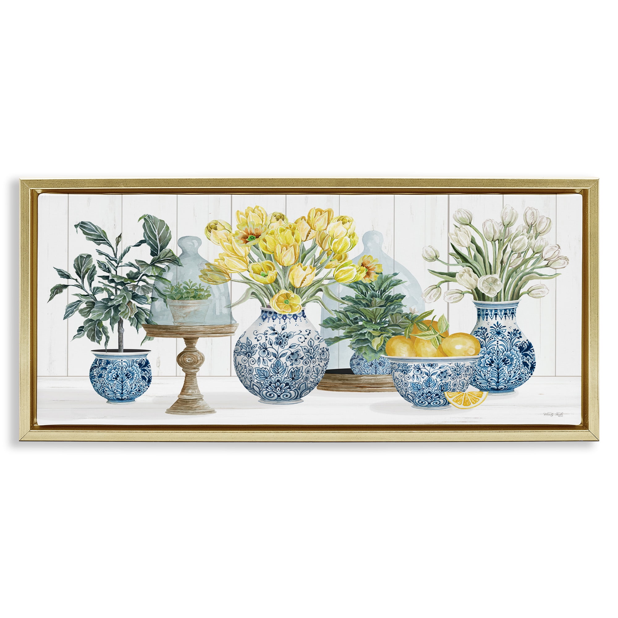 Yellow Tulips and Lemons Botanical Canvas Print with Gold Frame, 31 x 14