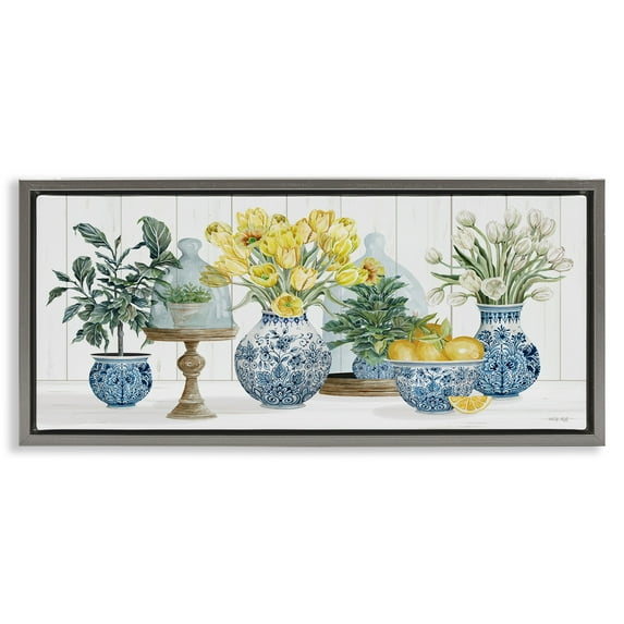 Stupell Industries Yellow Tulips & Lemon Fruits Botanical & Floral Painting Gray Floater Framed Canvas Art Print Wall Art, 31 x 14