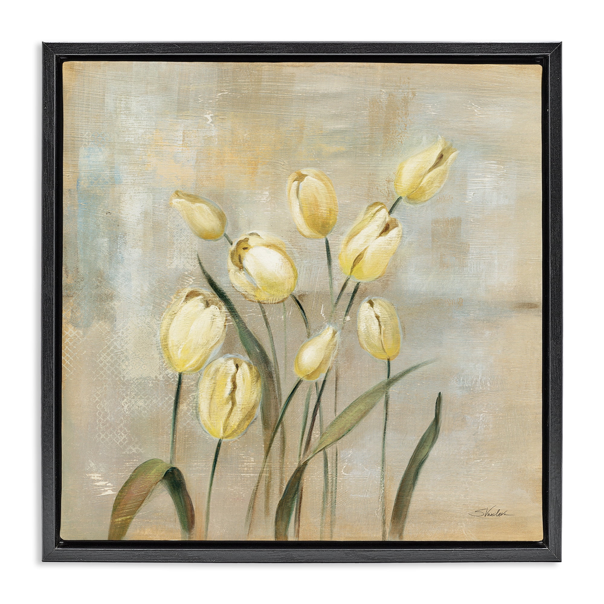 Stupell Industries Yellow Tulips on Beige Botanical & Floral Painting Black Floater Framed Art Print Wall Art, 25 x 25