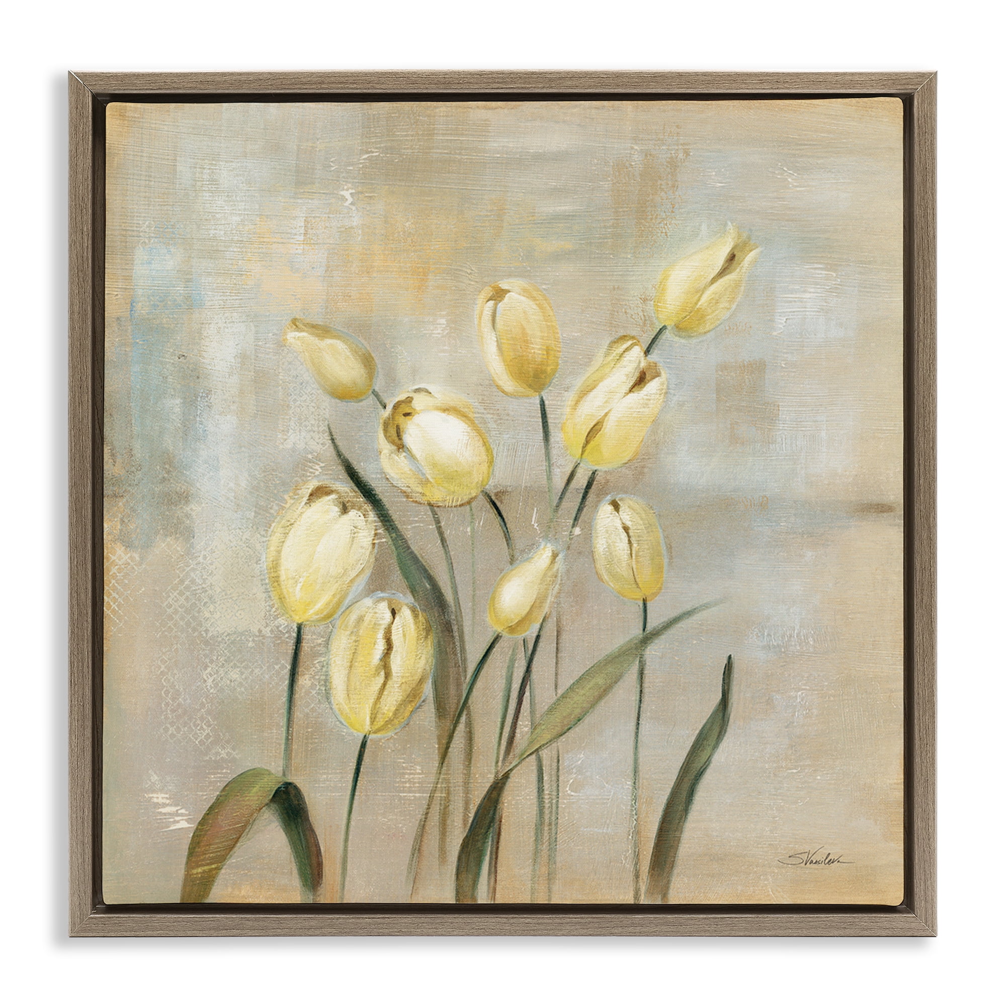 Stupell Industries Yellow Tulips on Beige Botanical & Floral Painting Brown Floater Framed Art Print Wall Art, 18 x 18