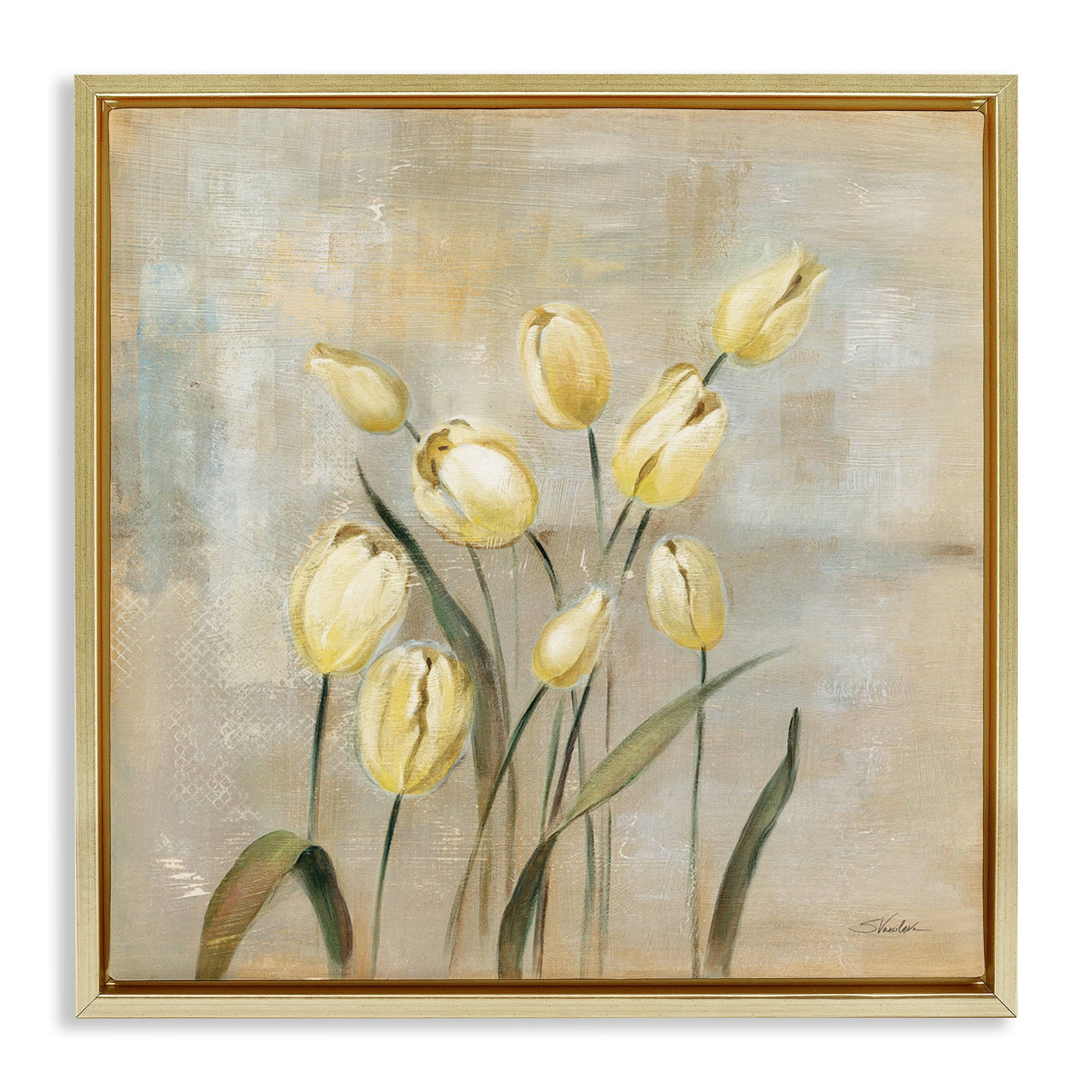 Stupell Industries Yellow Tulips on Beige Botanical & Floral Painting Gold Floater Framed Art Print Wall Art, 25 x 25