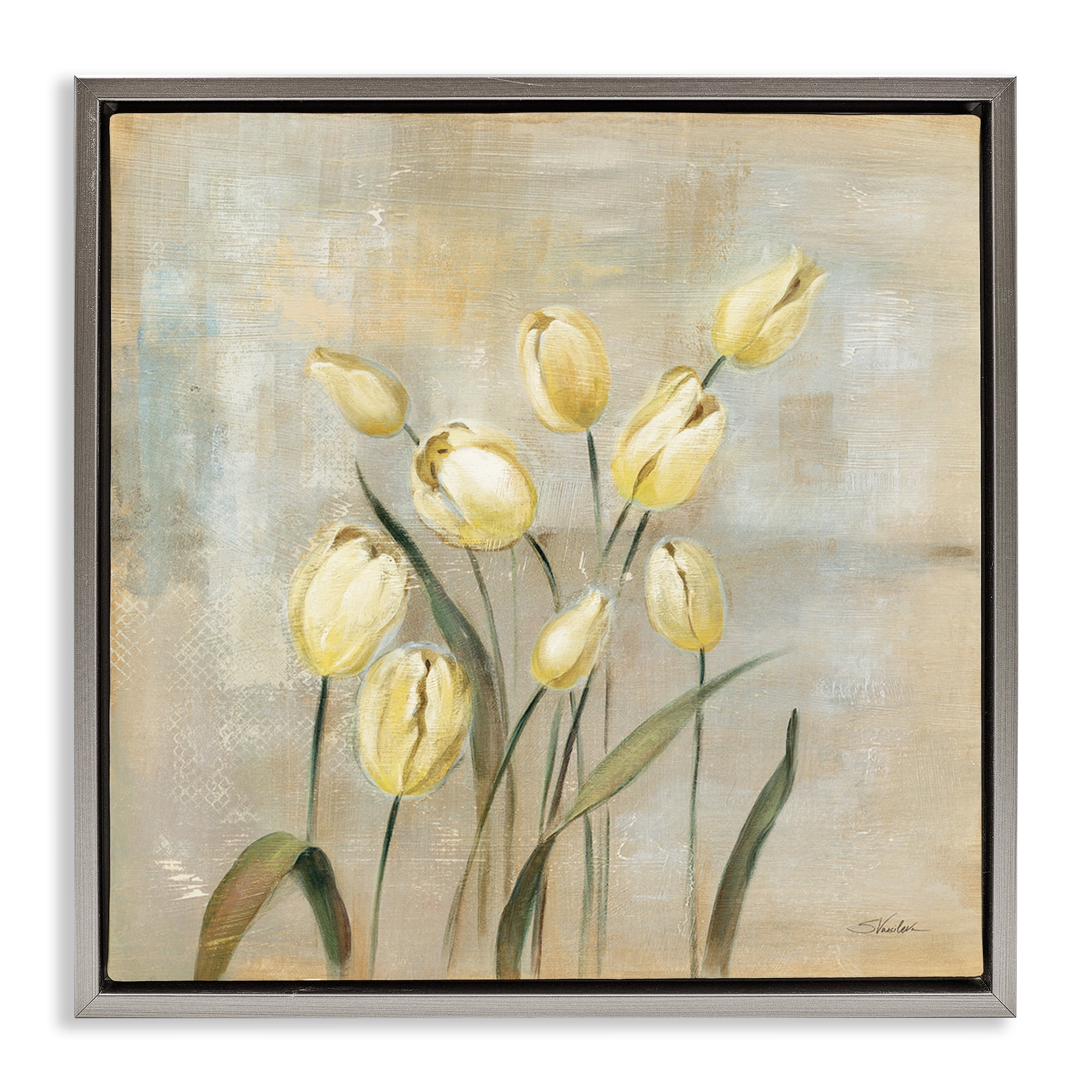 Stupell Industries Yellow Tulips on Beige Botanical & Floral Painting Gray Floater Framed Art Print Wall Art, 25 x 25