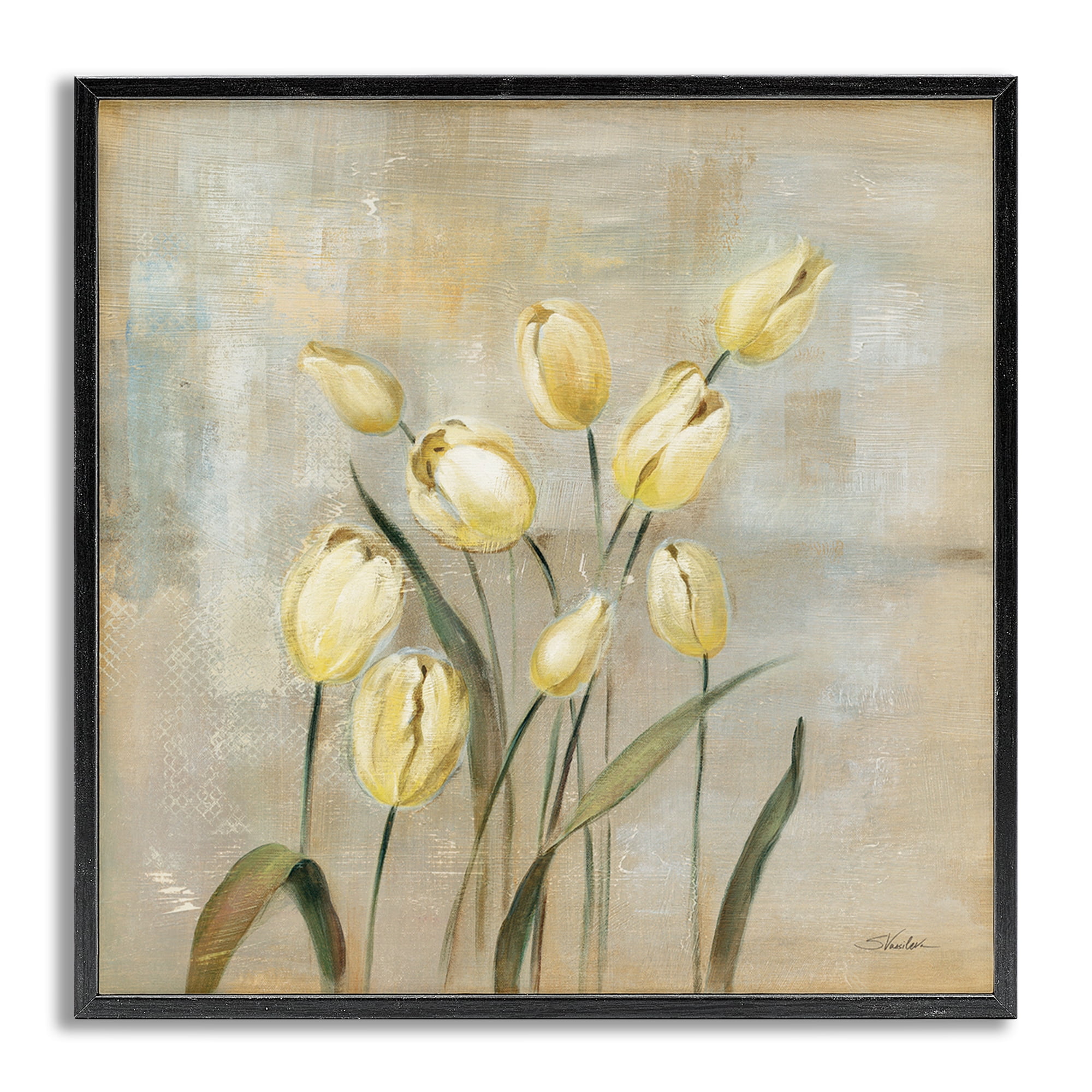 Stupell Industries Yellow Tulips on Beige Botanical & Floral Painting Gray Framed Art Print Wall Art, 24 x 24