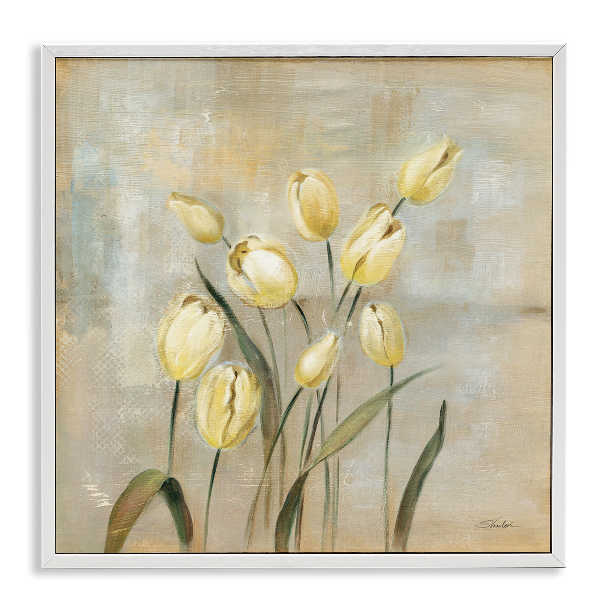 Stupell Industries Yellow Tulips on Beige Botanical & Floral Painting White Framed Art Print Wall Art, 17 x 17