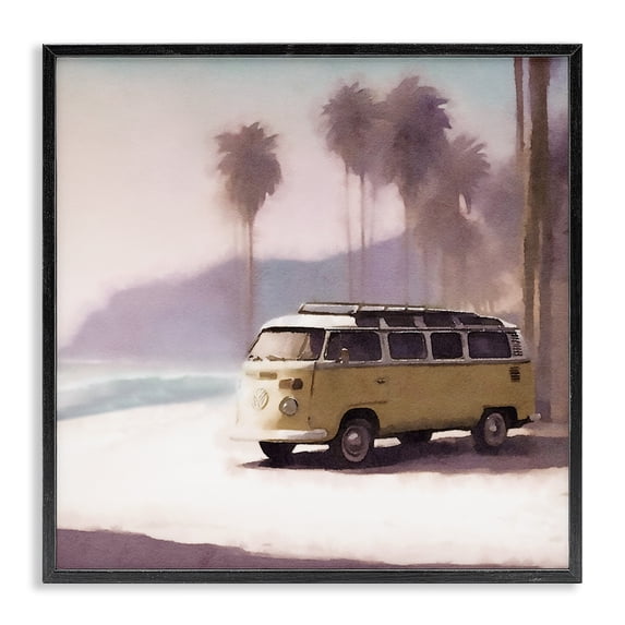 Stupell Industries Yellow Van on Beach Nautical & Beach Painting Black Framed Art Print Wall Art, 12 x 12