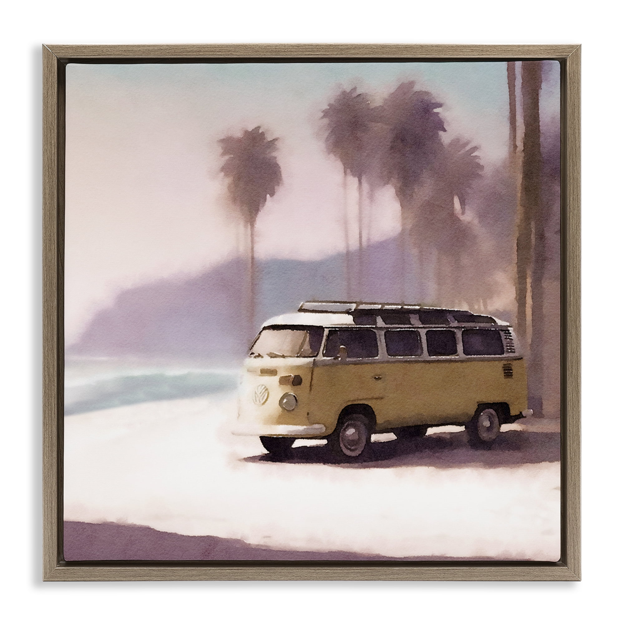 Stupell Industries Yellow Van on Beach Nautical & Beach Painting Brown Floater Framed Canvas Art Print Wall Art, 25 x 25