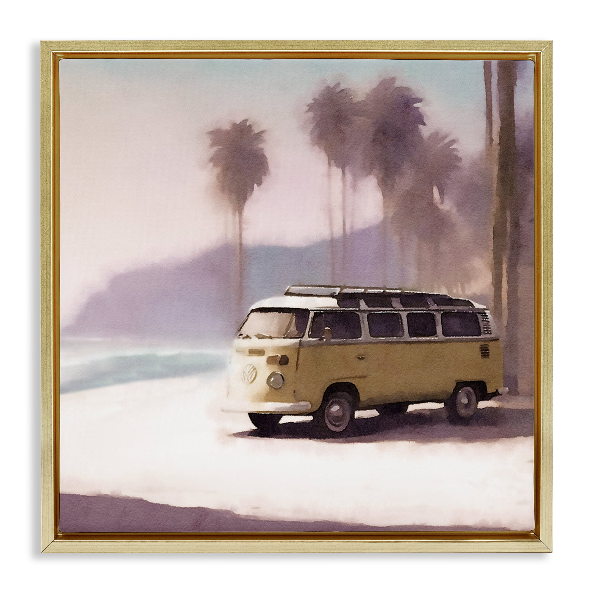 Stupell Industries Yellow Van on Beach Nautical & Beach Painting Gold Floater Framed Canvas Art Print Wall Art, 18 x 18