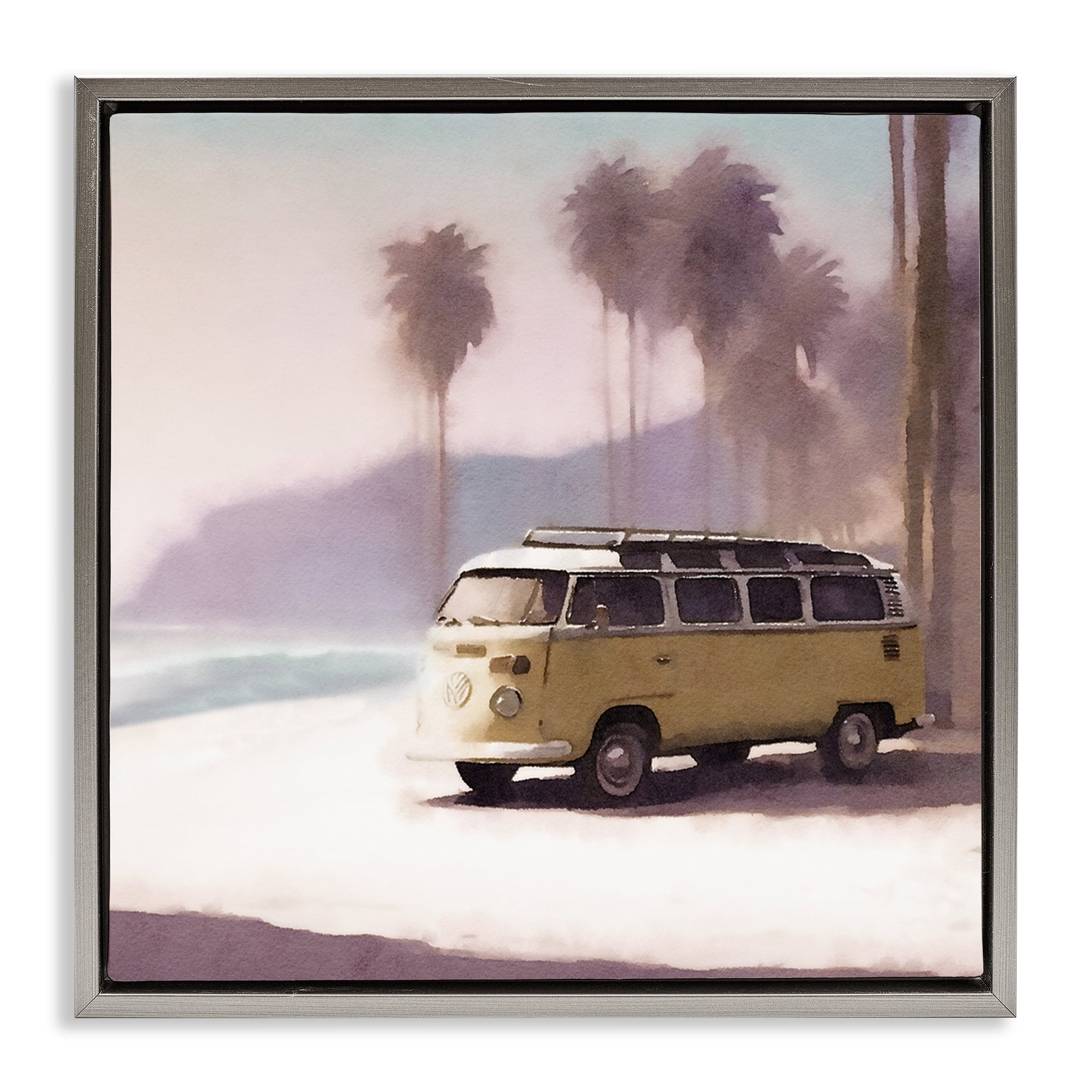 Stupell Industries Yellow Van on Beach Nautical & Beach Painting Gray Floater Framed Canvas Art Print Wall Art, 25 x 25