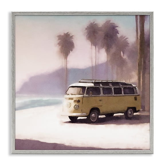 Stupell Industries Yellow Van on Beach Nautical & Beach Painting Gray Framed Art Print Wall Art, 12 x 12