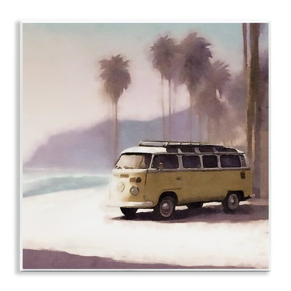 Stupell Industries Yellow Van on Beach Nautical & Beach Painting Unframed Art Print Wall Art, 12 x 12